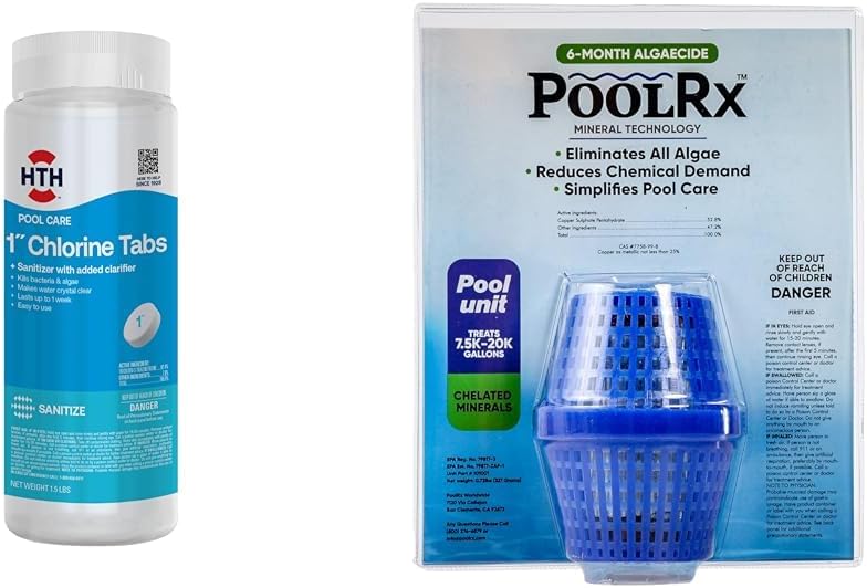 HTH 42049 1.5lb Swimming Pool Chlorine Tabs and Pool RX 101001 6 Month Algaecide Blue for 7.5k-20k Gallon Pools