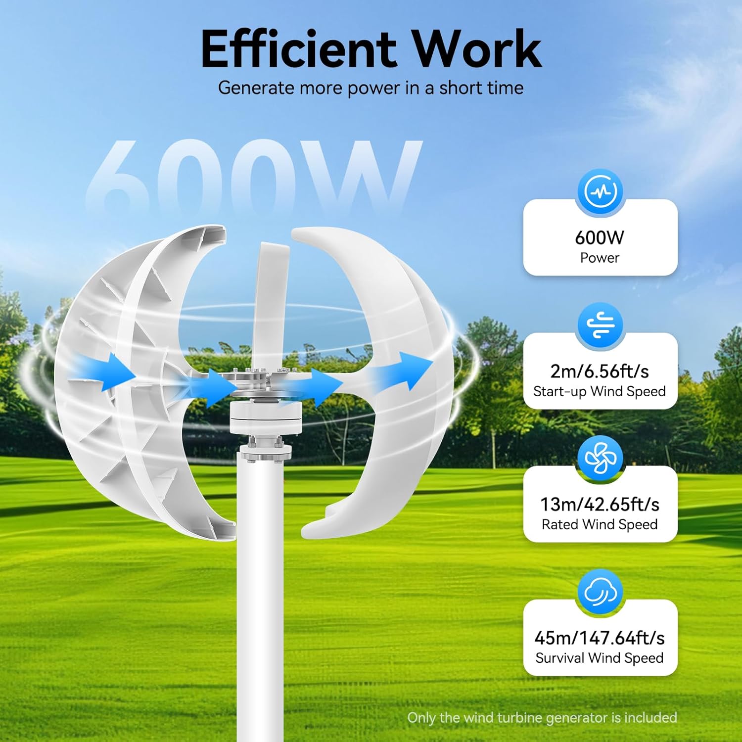 600W Wind Turbine Generator with 5 Blades - Lantern Shape, 6.56ft/s Start-up Speed, for Home, Boat & Solar Wind Hybrid Systems