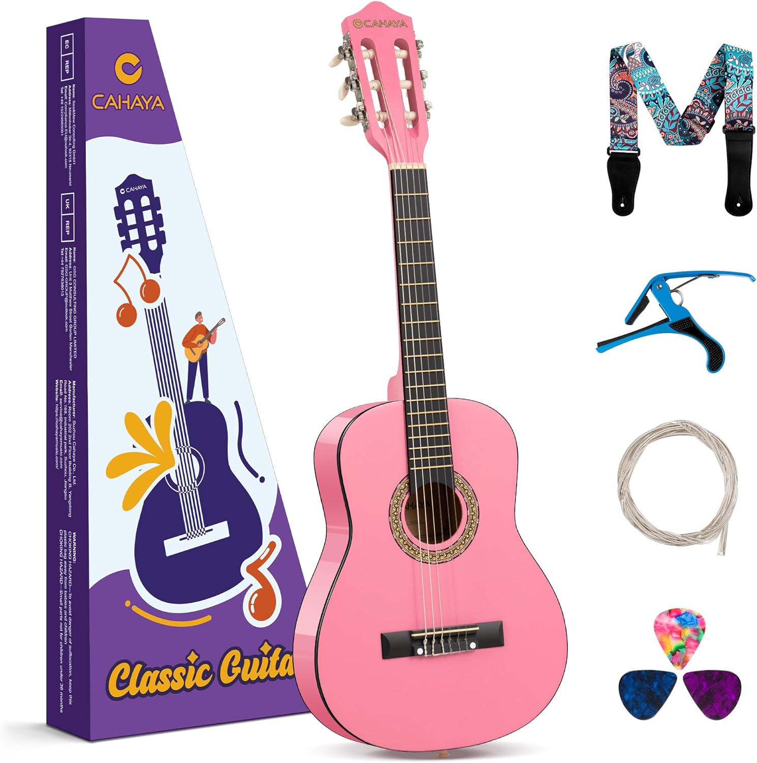 CAHAYA Classical Guitar Kit 30”- Kids Guitar Set with Okoume Neck, Case Bag, Nylon Strap, Picks, Musical Gift for Beginners Girls