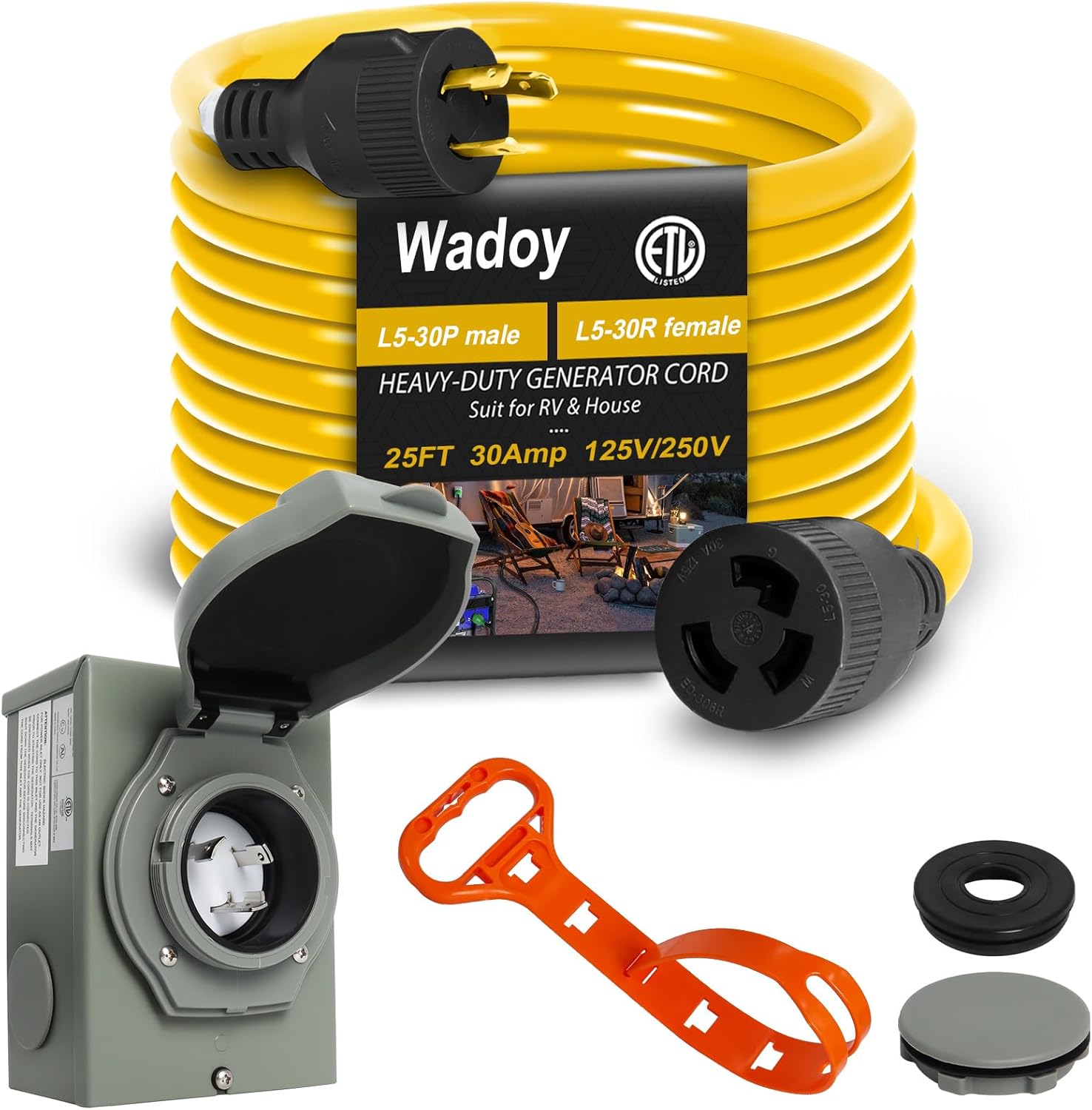Wadoy 3 Prong Generator Cord 30 Amp, Yellow SJTW 3X10AWG Generator Power Inlet Box and 25Ft Generator Power Extension Cord NEMA L5-30P to L5-30R 125V, 3750W Power Inlet Organizer Combo Kit ETL Listed