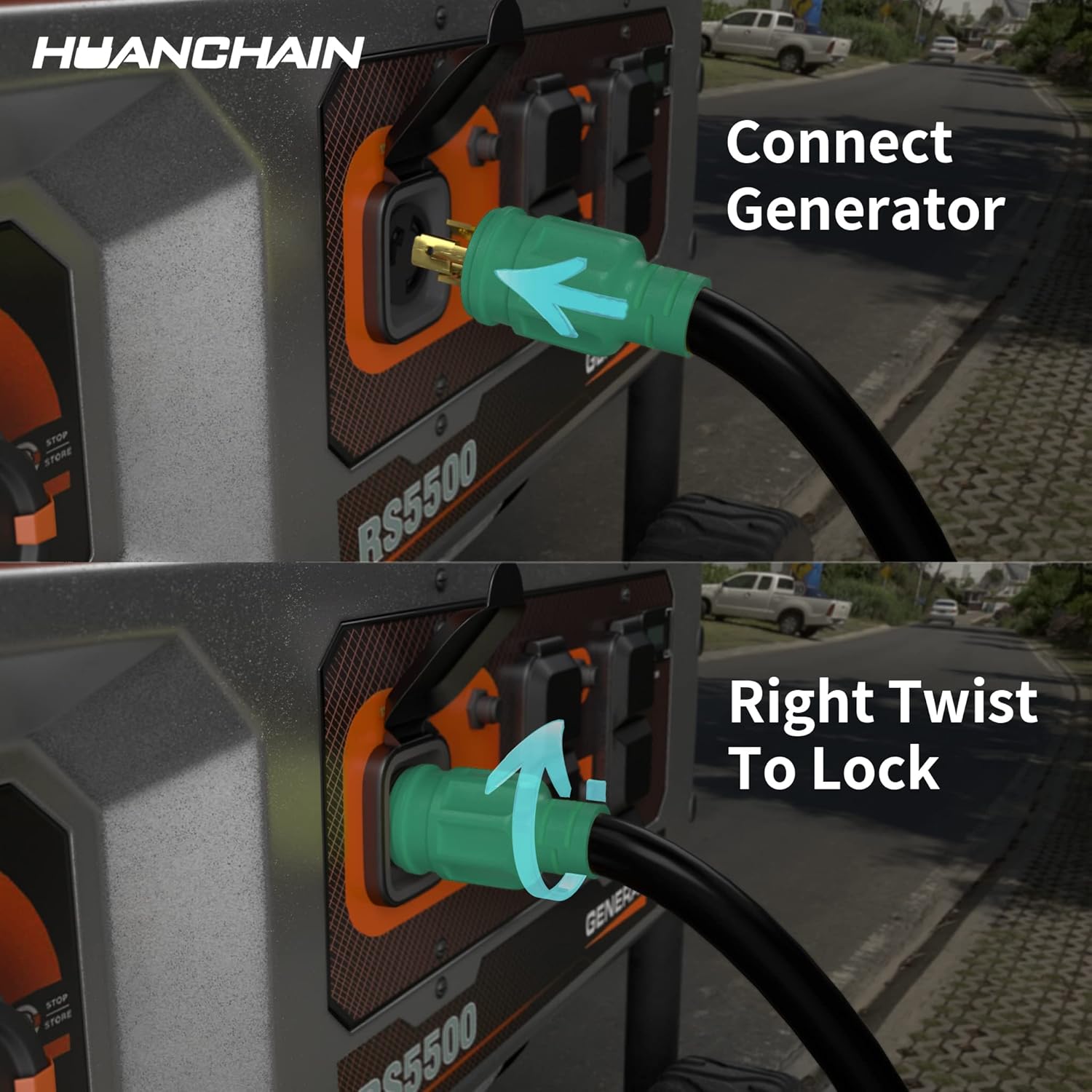 huanchain 3 Prong 30 Amp Generator Cord 100 Feet Heavy Duty,NEMA L5-30P/L5-30R 10 Gauge 125V SJTW Green Lock Generator Extension Cord Waterproof, ETL Listed