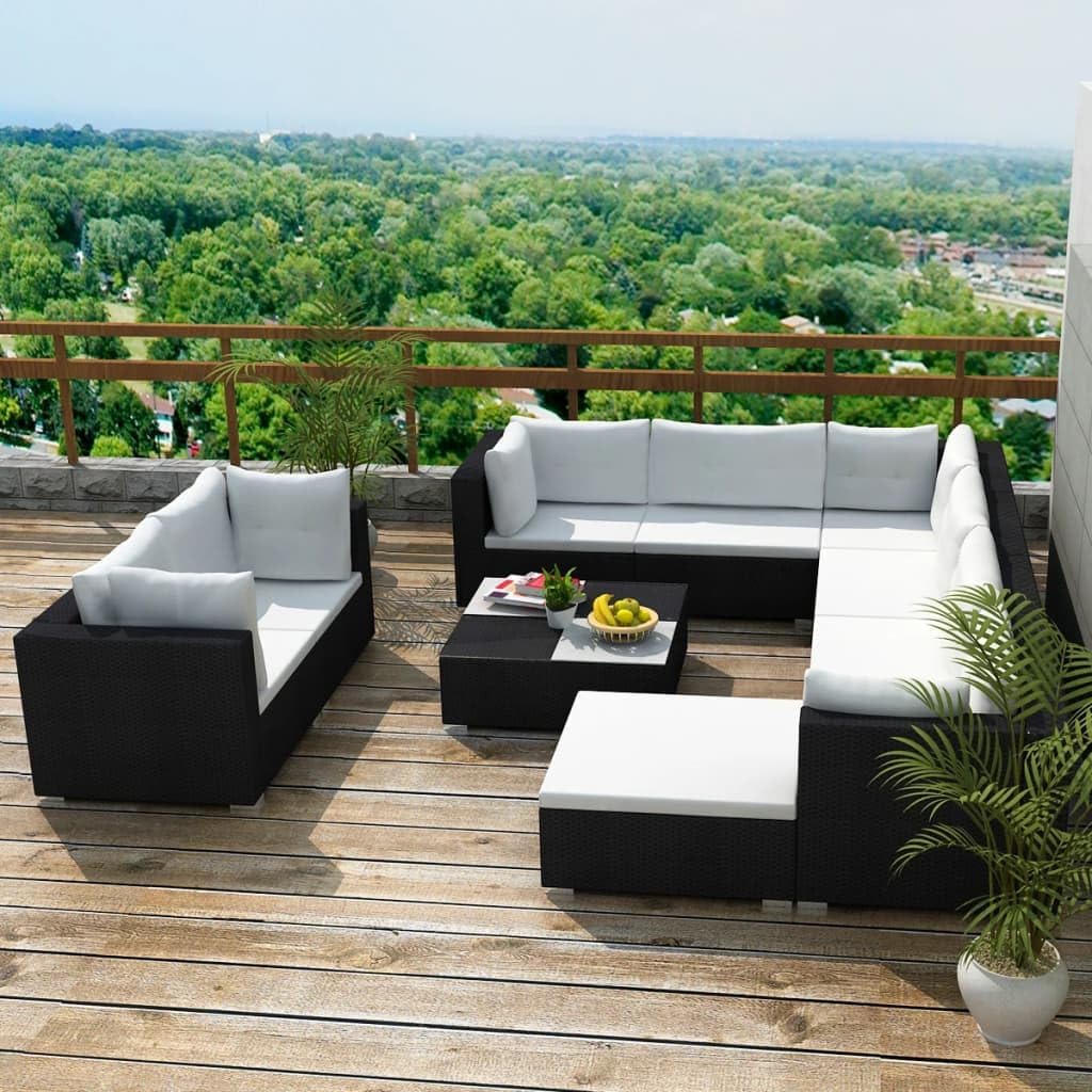 10 Piece Patio Lounge Set with Cushions Poly Rattan Black,Black Rattan Sofa Set with Comfortable Cushions and Modular Design for Patio and Garden Furniture Sets for Patio, Lawn & Garden