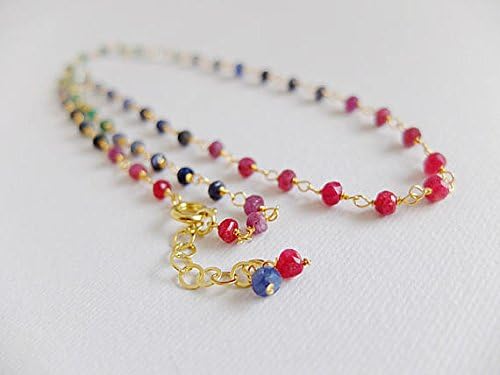 dainty, feminine handwrapped,rosary style necklace natural ruby,emerald, sapphire shaded 3-mm rondelle faceted beads semi precious genuine