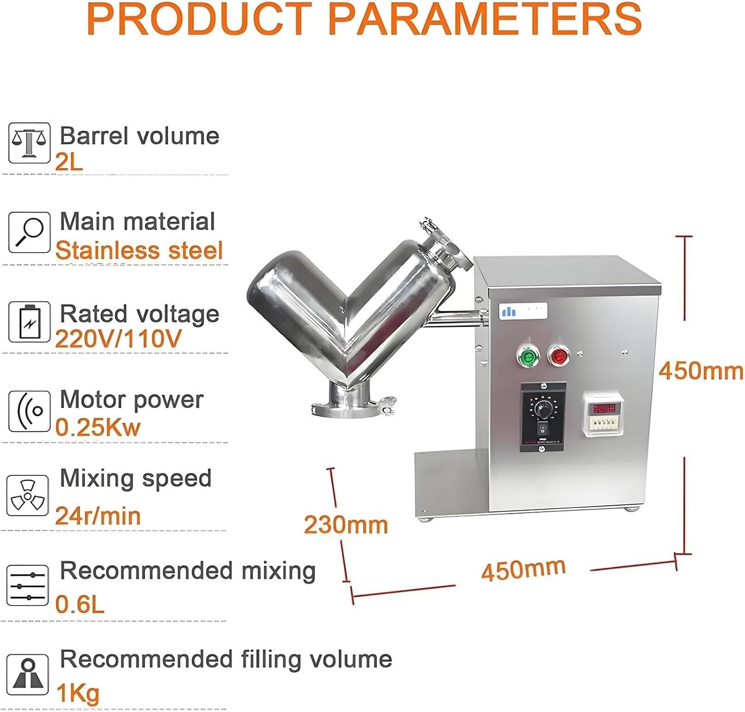 Feed Mixing Machine, 2L V-Type Dry Powder Mixer Particle Granule Blender, Adjustable Speed, for Feed, Medicinal Powder