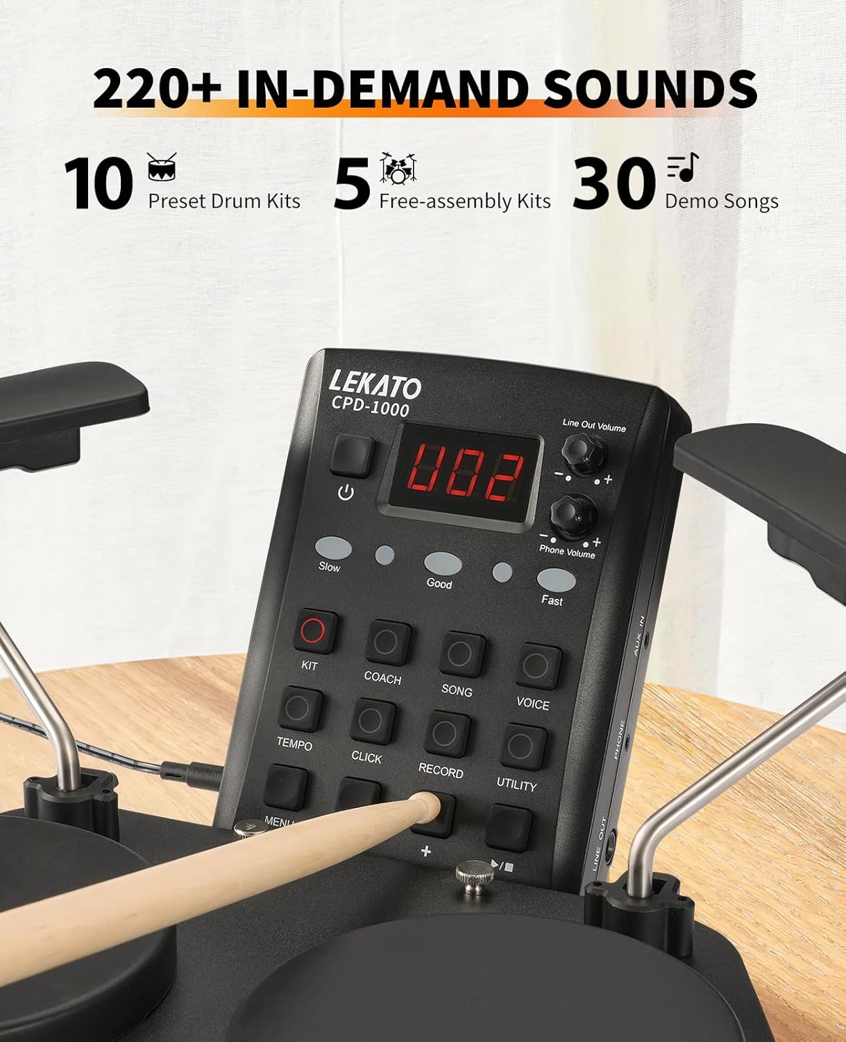 LEKATO Electronic Drum Set, Portable Electric Drum Set for Beginner with Quiet Mesh Snare Drum Pads, 220+ Sounds, USB MIDI, 2 Switch Pedal, Electric Drum Kit with Sticks, Travel Bag