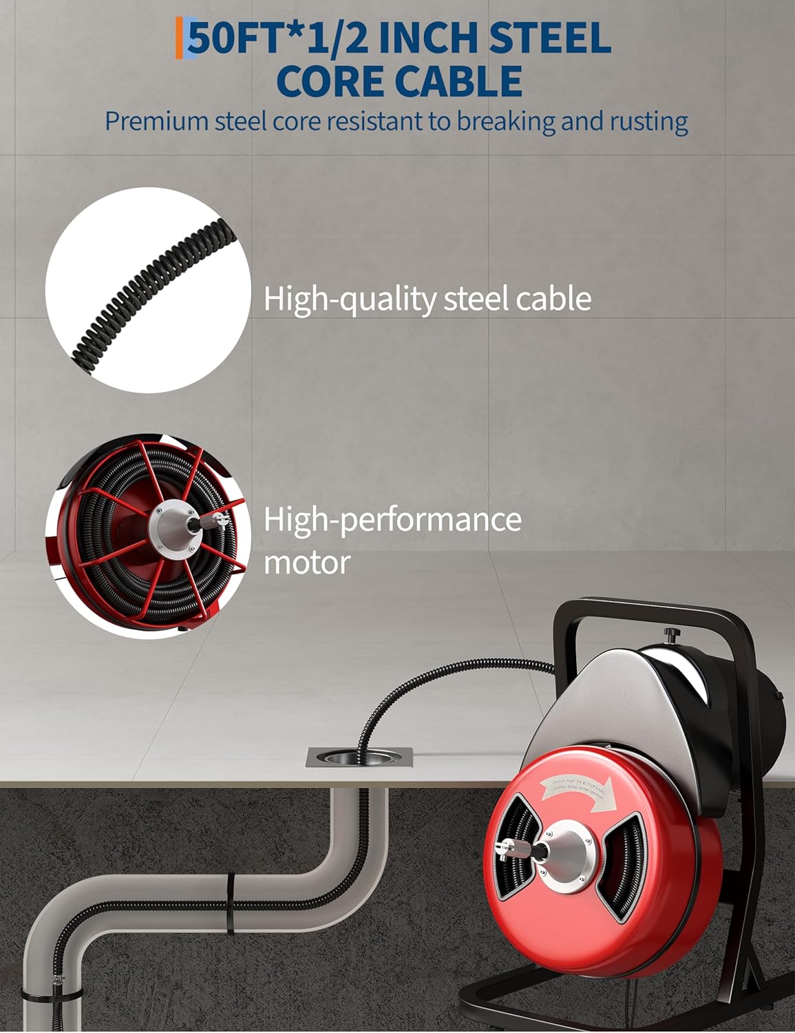 Drain Cleaner Machine 50FT x 1/2 Inch Steel Core Cable Portable 250W Electric Drain Cleaning Machine With Sewer Auger, Cutter, Air-activated Foot Switch, for Commercial, Home