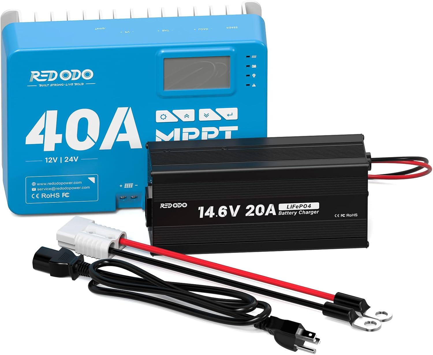Redodo MPPT Solar Charge Controller 40Amp 12V/24V DC Built in Bluetooth and 14.6V 20A Lifepo4 Battery Charger