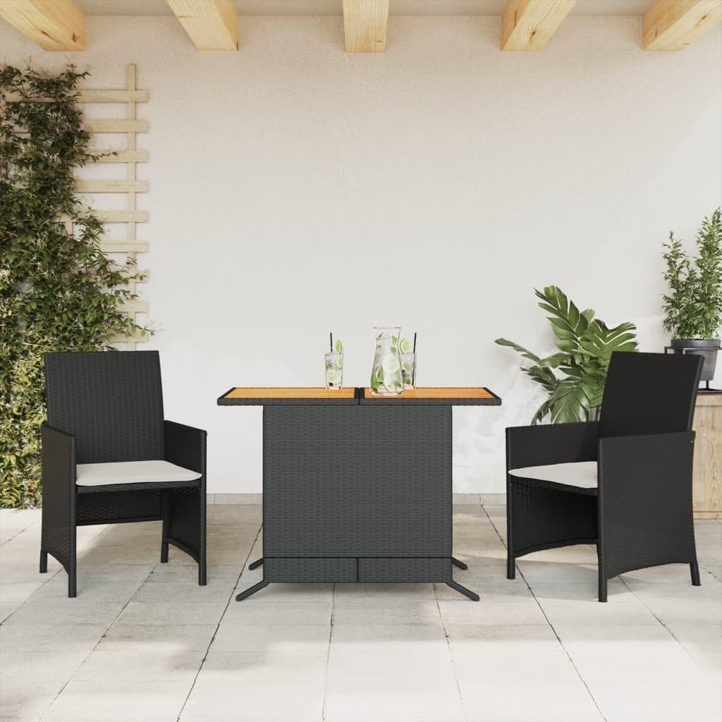 3 Piece Bistro Set with Cushions Black Poly Rattan Garden Furniture