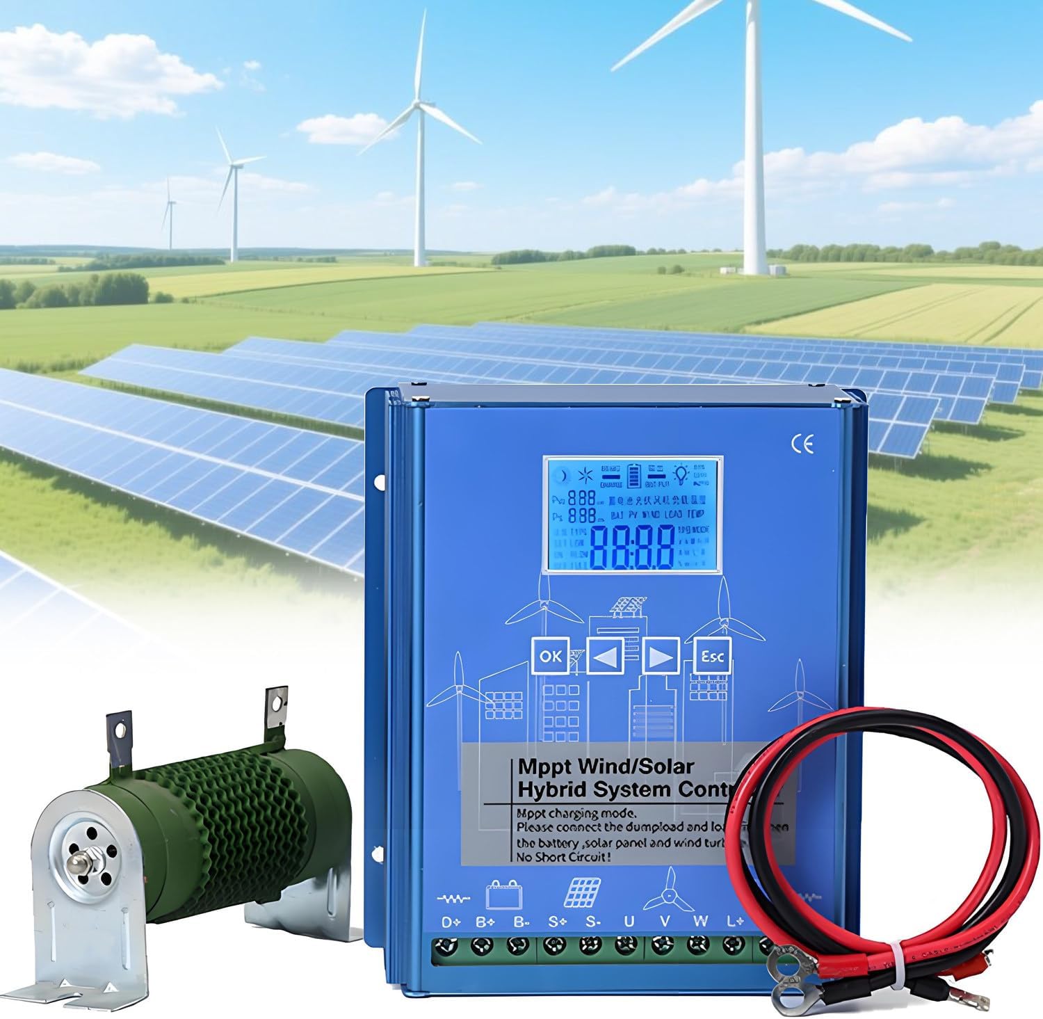 12v/24v LCD Display Mppt Boost Charging Multifunctional Wind Solar Controller,Wind Solar Hybrid Controller with Dump Load, Operating Temperature Range -20℃ - 55℃,for Residences 8000W