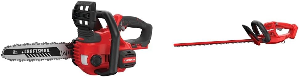 CRAFTSMAN V20 Mini Chainsaw, Cordless, 12 inch, Bare Tool Only (CMCCS620B) & V20 Cordless Hedge Trimmer, 20 inch, Bare Tool Only (CMCHT810B)