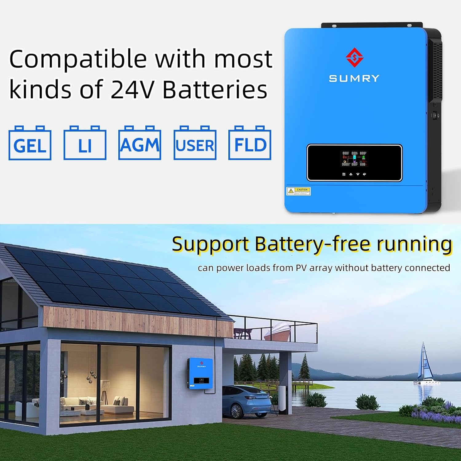 SUMRY Solar Inverter Charger, 3600W DC 24V to AC 110V Hybrid Voltage Converter with 120A MPPT Charge Controller, Pure Sine Wave Power for Battery-Less or AGM Lithium Battery Home Energy System