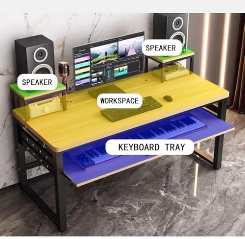 Multi-Tier Music Production Desk, Computer Workstation with MIDI Keyboard Shelf, Stylish Wood & Black Metal Frame for Home Studio, Brown Finish