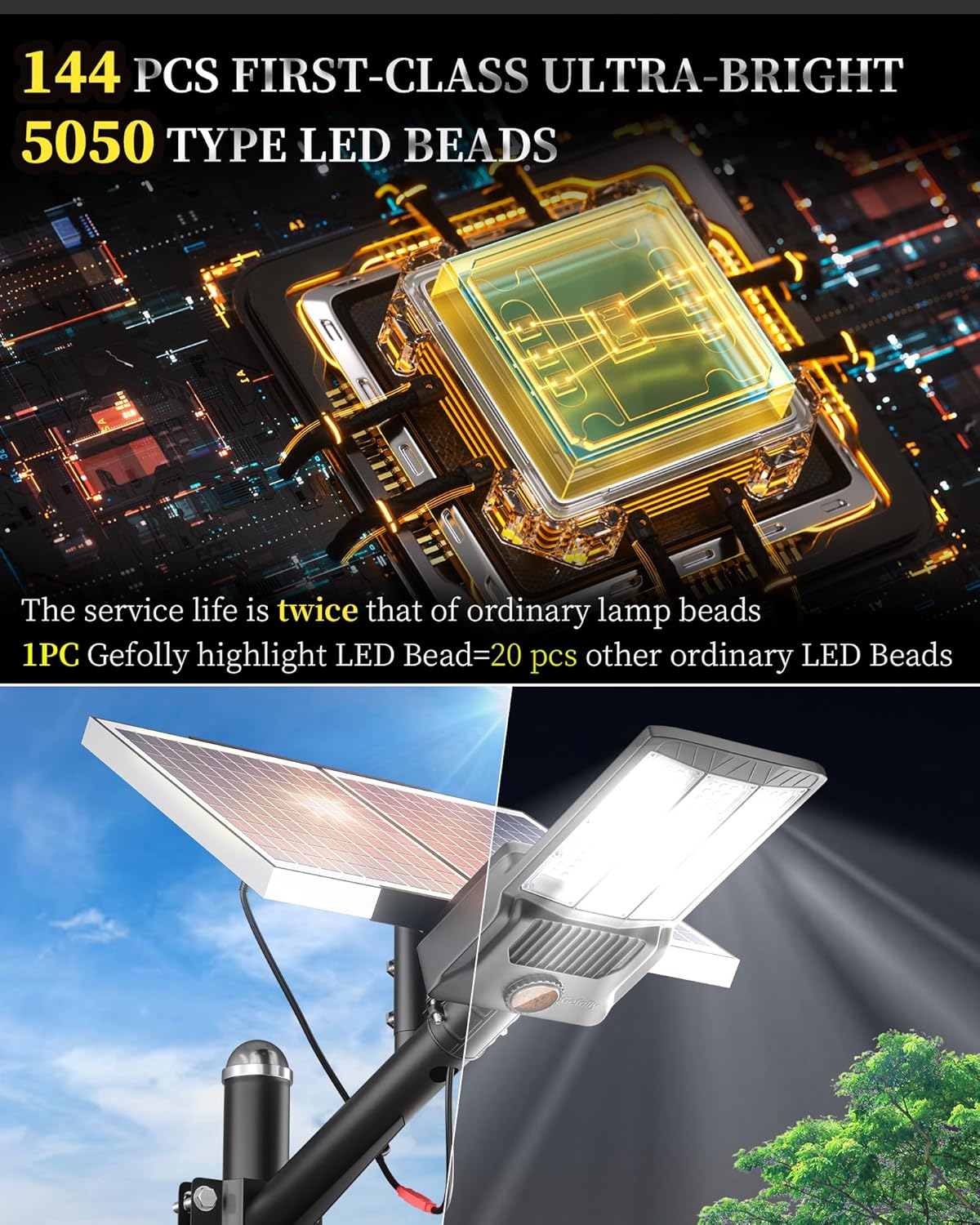 Gefolly SL-9800W Solar Street Lights Outdoor, 650000LM Commercial Parking Lot Light Dusk to Dawn IP67 Waterproof 6500K Security Flood Lights Lamp for Yard, Road, Basketball Courts