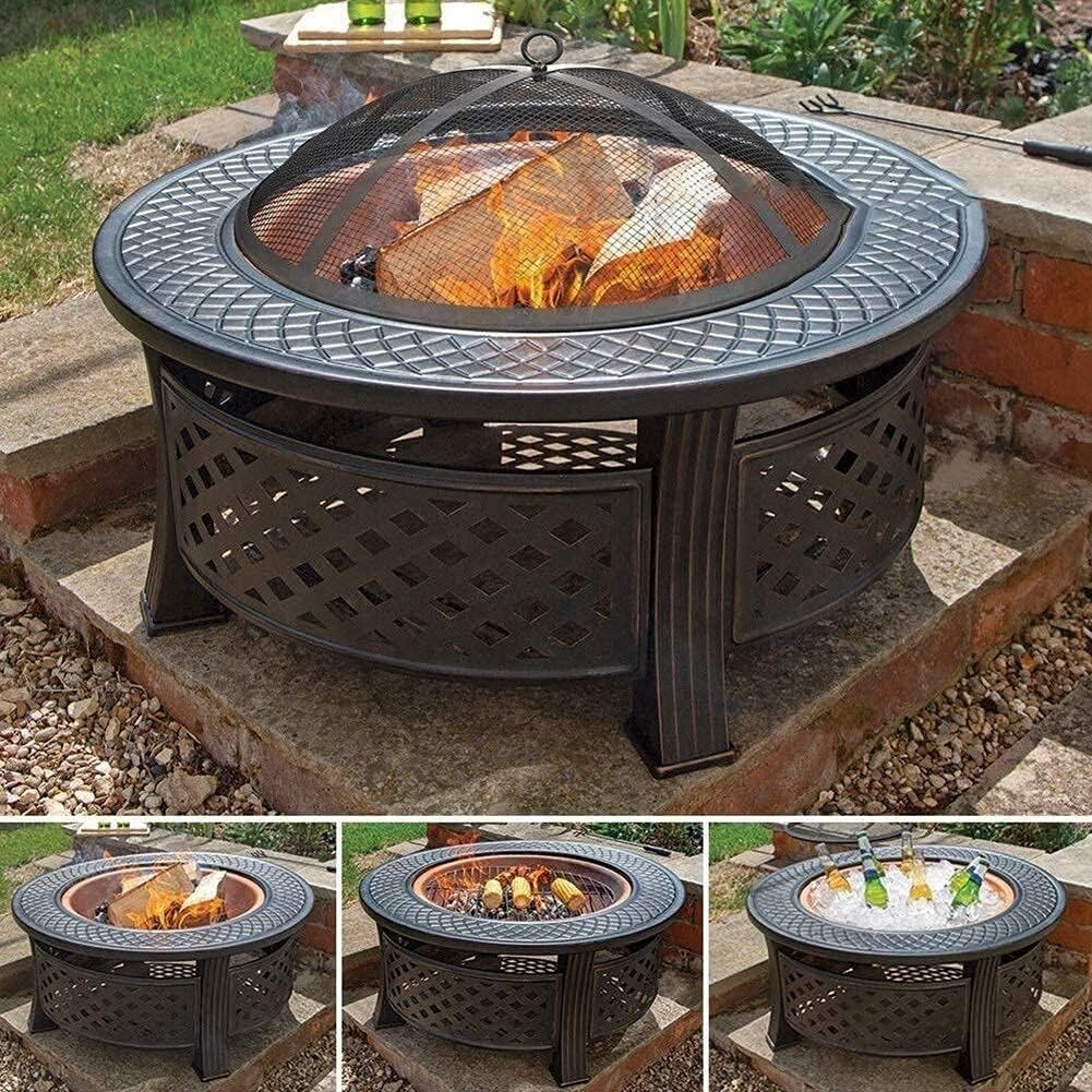 Outdoor Patio Steel BBQ Grill Fire Pit Bowl w/Spark Screen Cover,Log Grate,Poker