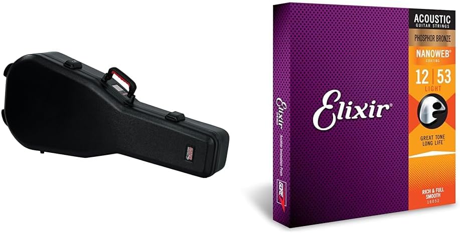 Gator Cases Molded Flight Case For Acoustic Dreadnought Guitars With TSA Approved Locking Latch & Elixir Strings - Acoustic Phosphor Bronze with NANOWEB Coating - Elixir Acoustic Guitar Strings