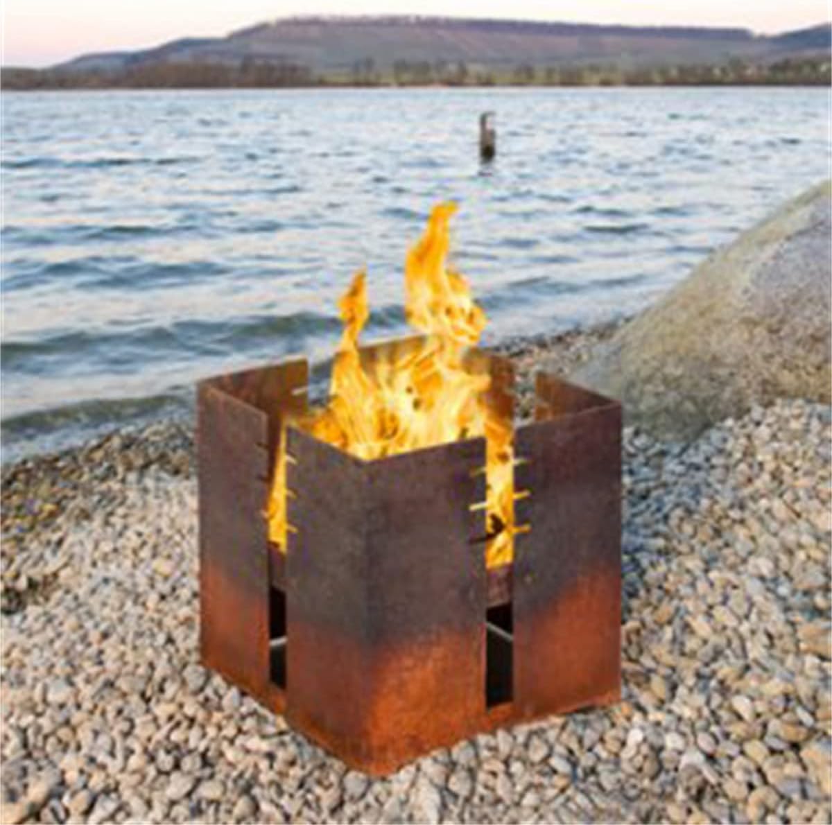 BBQ Grill Corten Steel Square Fire Pit Wood Charcoal Burning Patio Backyard Garden Picnic Outdoor Barbecue Bonfire Fireplace 17.7 inch Side Length