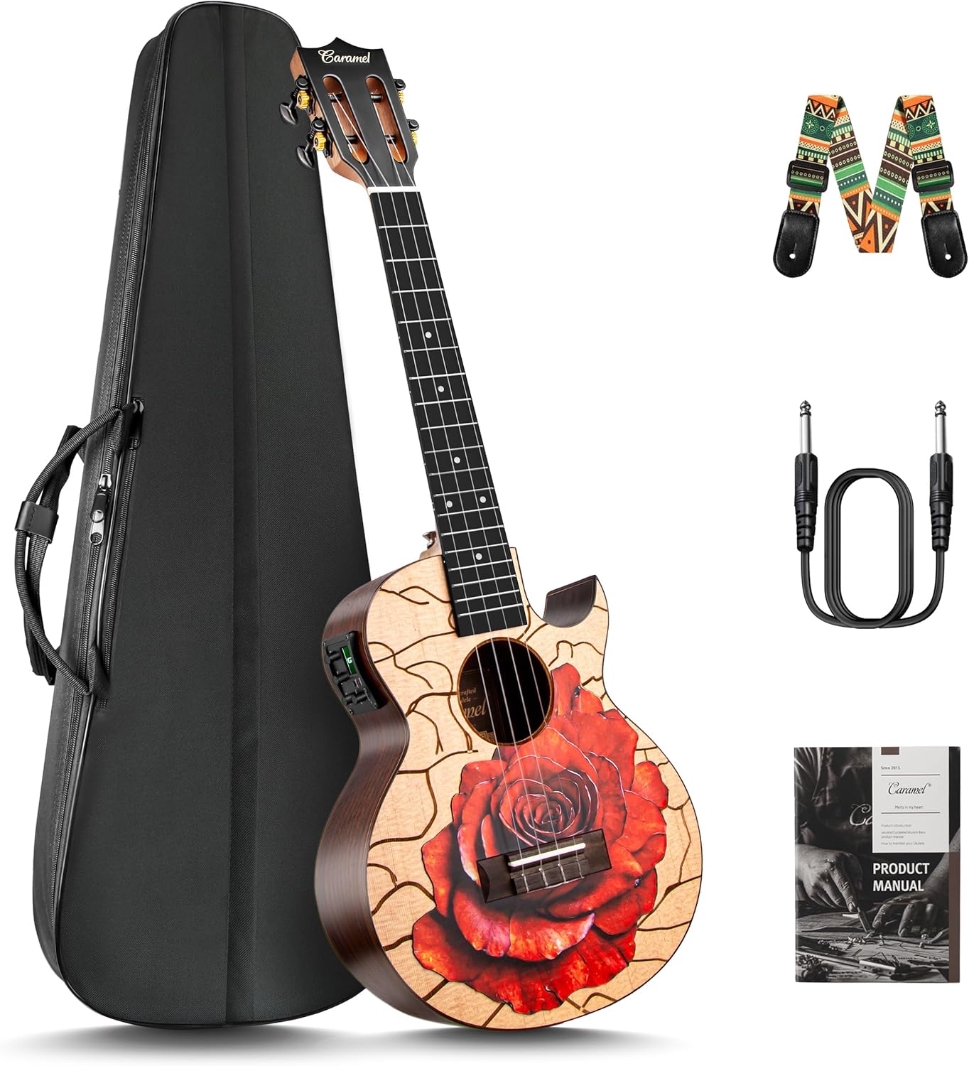 Caramel TEM39 26-inch Tenor Acoustic-Electric Ukulele with Florentine Cutaway, All Solid Spruce & Rosewood, Unique Rose Flower Decorative Top, Handmade Professional Ukulele Kit with Accessories