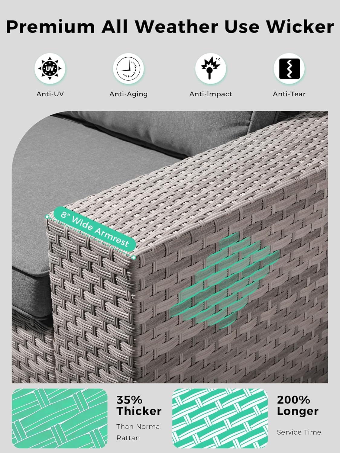 7 Piece Outdoor Wicker Rattan Sectional Sofa Set with Fire Pit Table, 5-Seats Conversation Set with 4