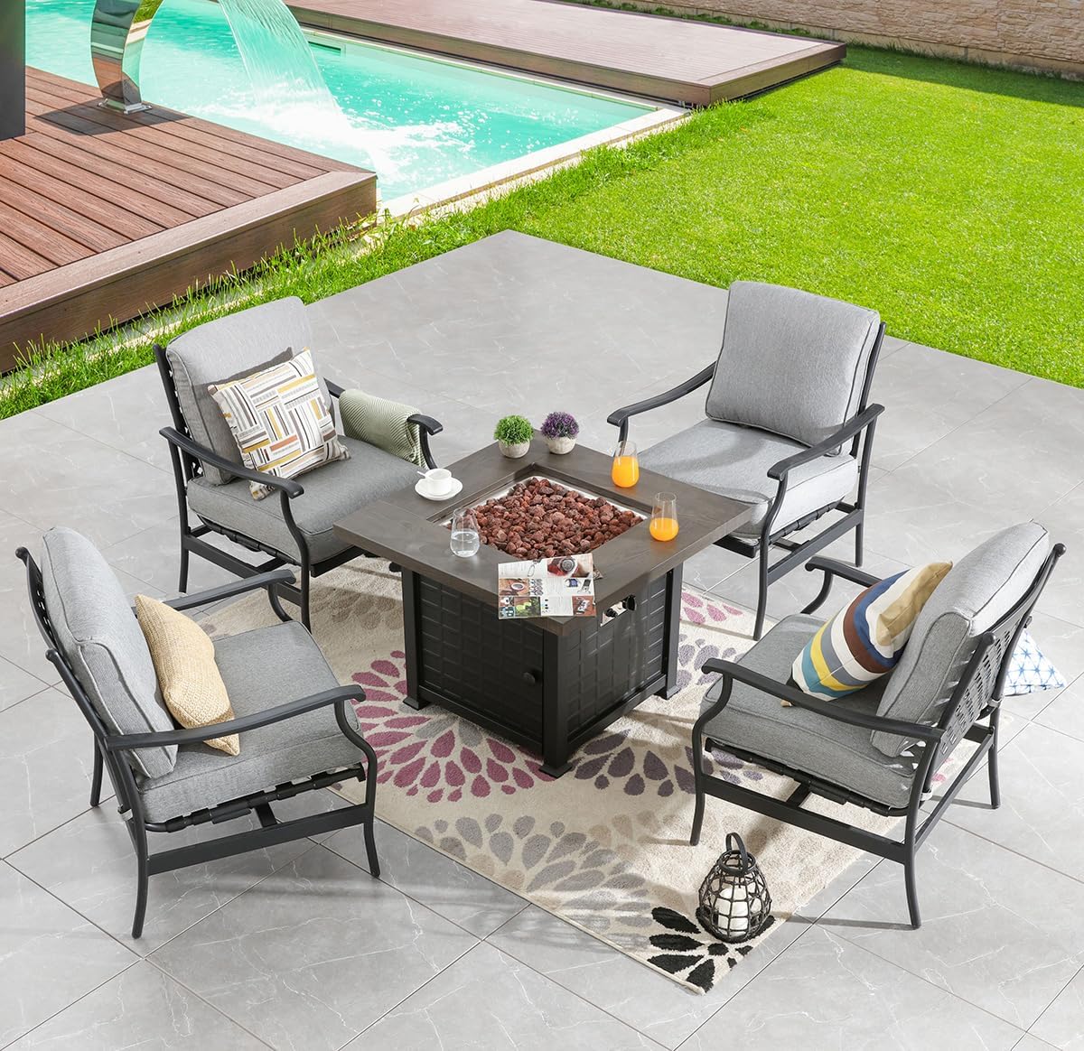 34'' Propane Fire Pit Table 50,000 BTU Steel Outdoor Gas Fire Pit with Lid and Lava Rock, Add Warmth and Ambience to Parties On Patio Deck Garden