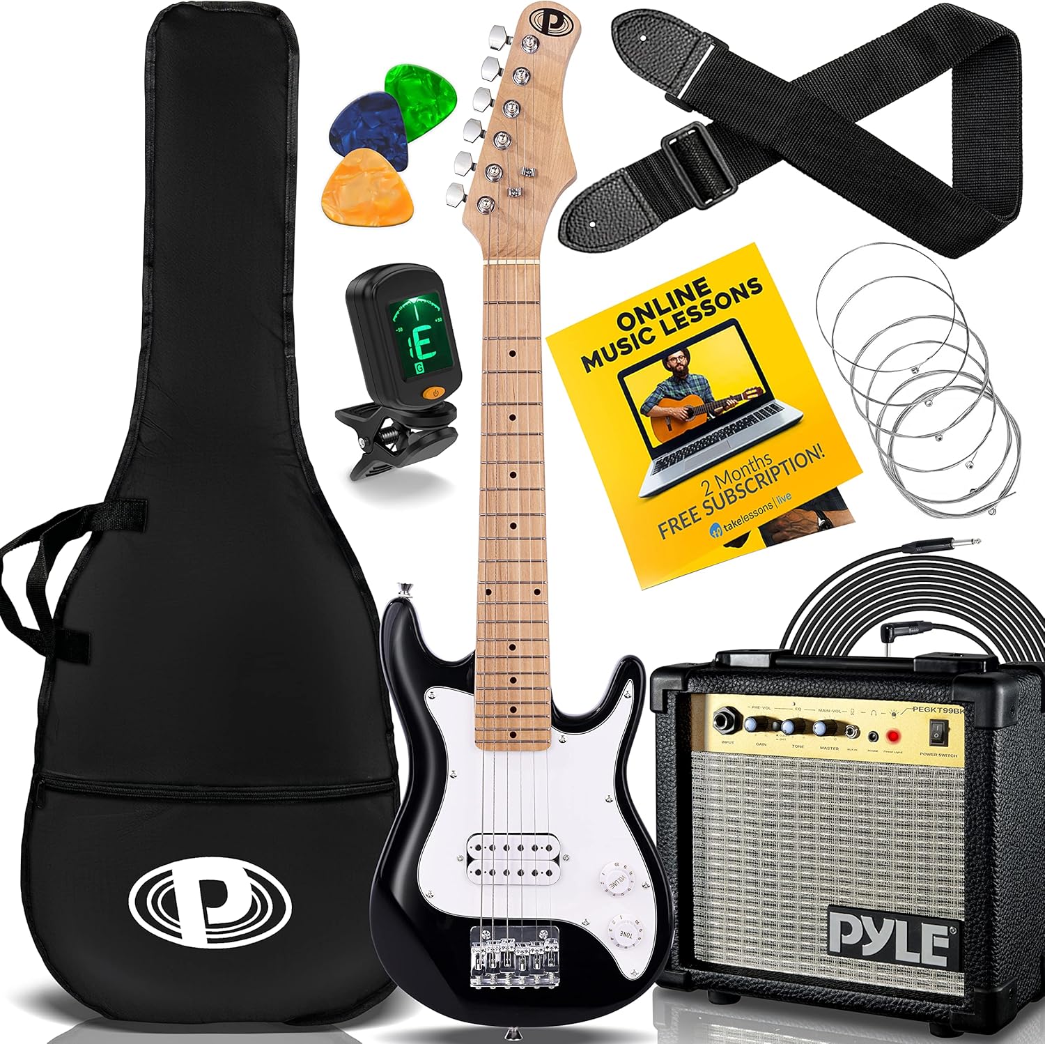 Pyle 30” Mini Instrument with 10W Amp and Complete Accessories, Kids Electric Guitar Starter Kit with Amplifier