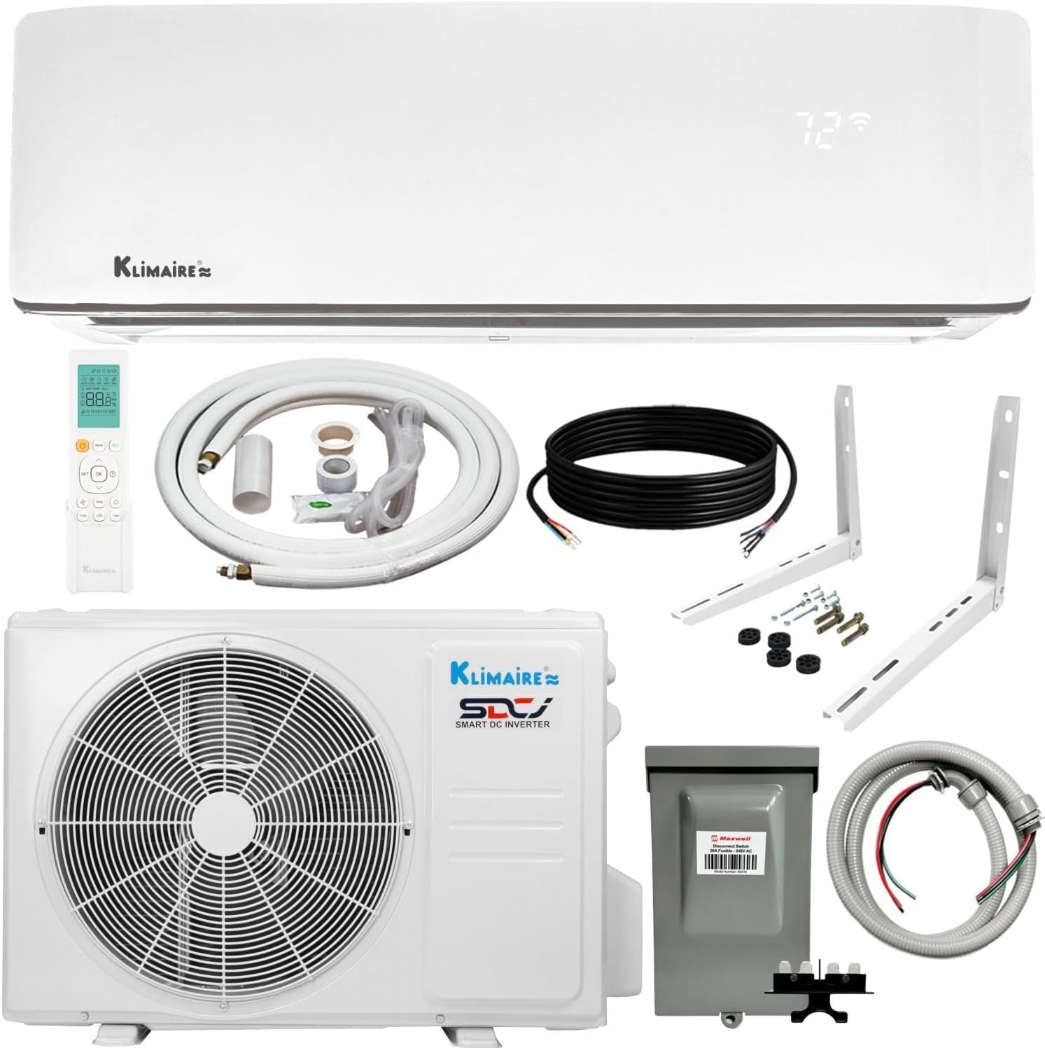 Klimare 12,000 BTU 23.1 SEER2 Ductless Mini Split Inverter A/C with All Inclusive 15' Installation Kit, Wall Bracket, Electrical Disconnect Tight Whip (230V)