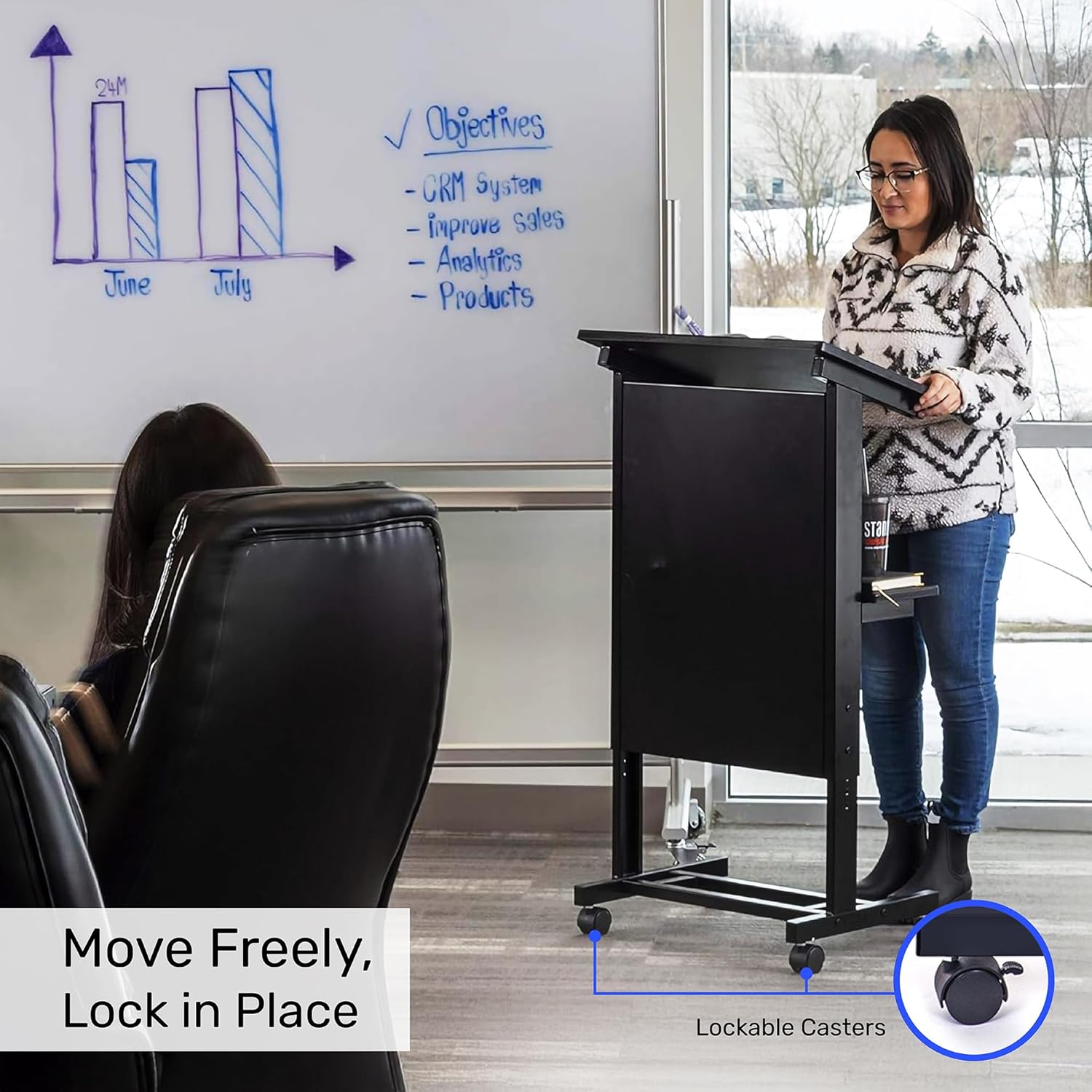 Stand Up Adjustable Height Lectern Podium | Rolling Desk with Storage Shelf | Ergonomic Standing Desk Frame for Office, Classroom, Laptop, Teaching, Presentations & More (Black)