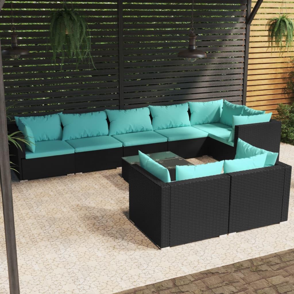 9 Piece Patio Lounge Set with Cushions Black Poly Rattan,Modern Poly Rattan Outdoor Patio Lounge Set with WaterResistant Cushions Furniture Sets for Patio, Lawn & Garden