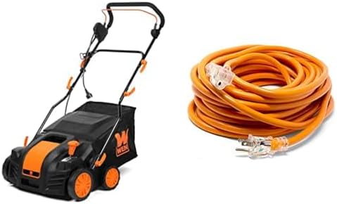 WEN DT1516 16-Inch 15-Amp 2-in-1 Electric Dethatcher and Scarifier with Collection Bag + WEN PC5012 50 ft. 12-Gauge Heavy-Duty SJTW Outdoor 12/3 Extension Cord with NEMA 5-15R Light-Up Power Outlet