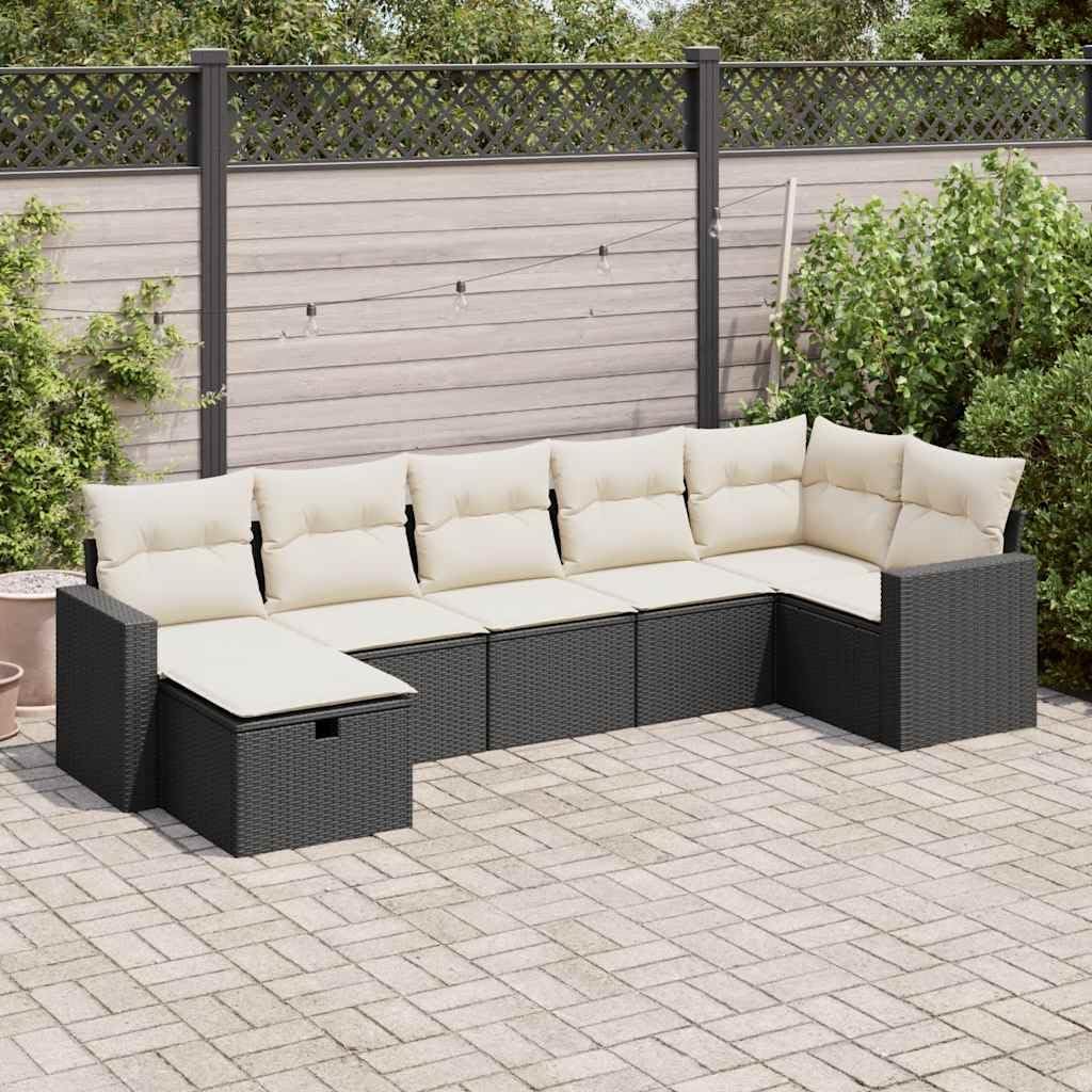 7-Piece Modular Garden Sofa Set, Black Synthetic Poly Rattan, Cream White Cushions, Outdoor Patio Furniture for 6 People, Weather-Resistant Lounge Seating