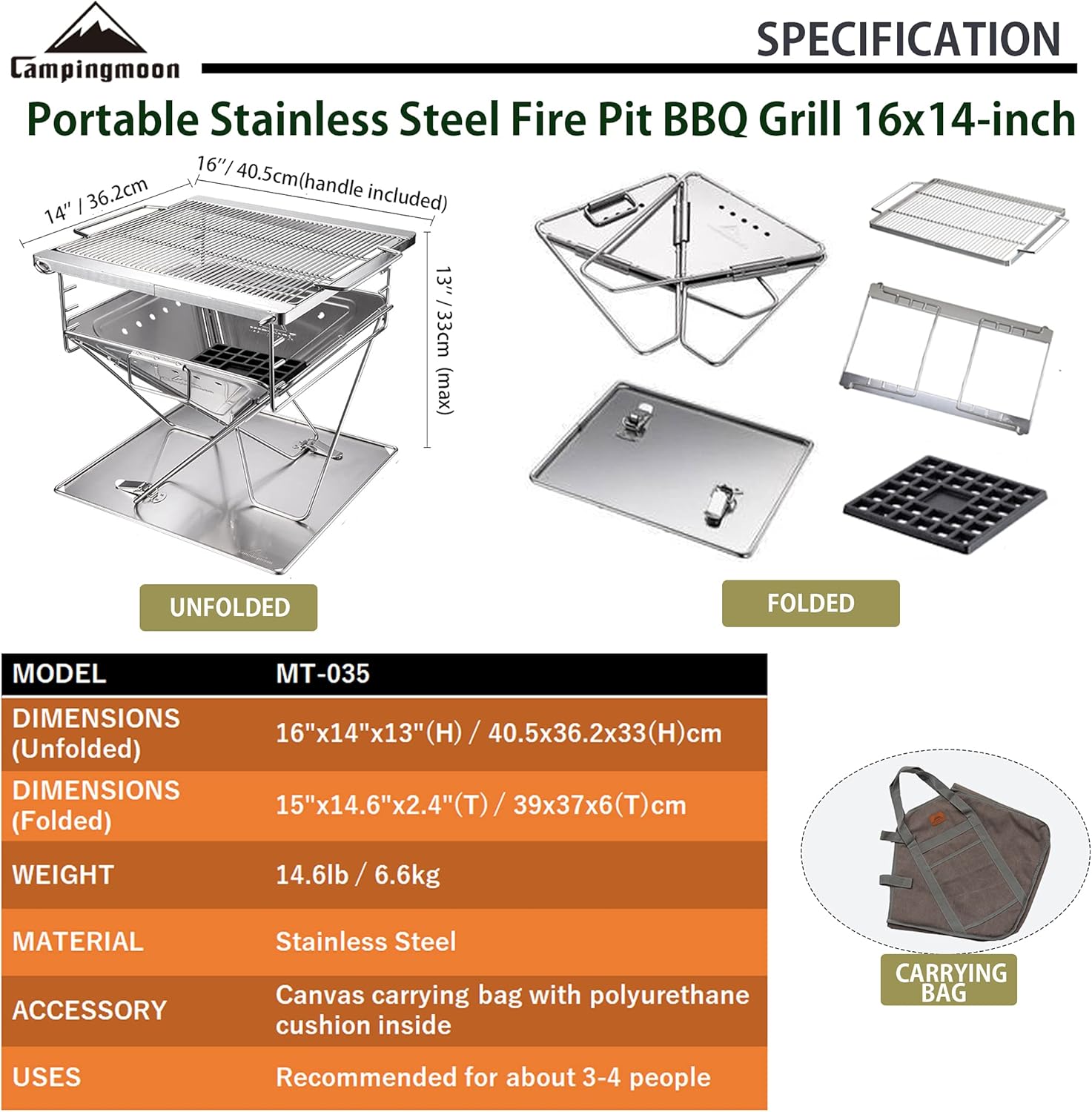 CAMPINGMOON 3-in-1 Portable Stainless Steel Wood Burning Grill and Fire Pit 14x15.35-inch with Carrying Bag