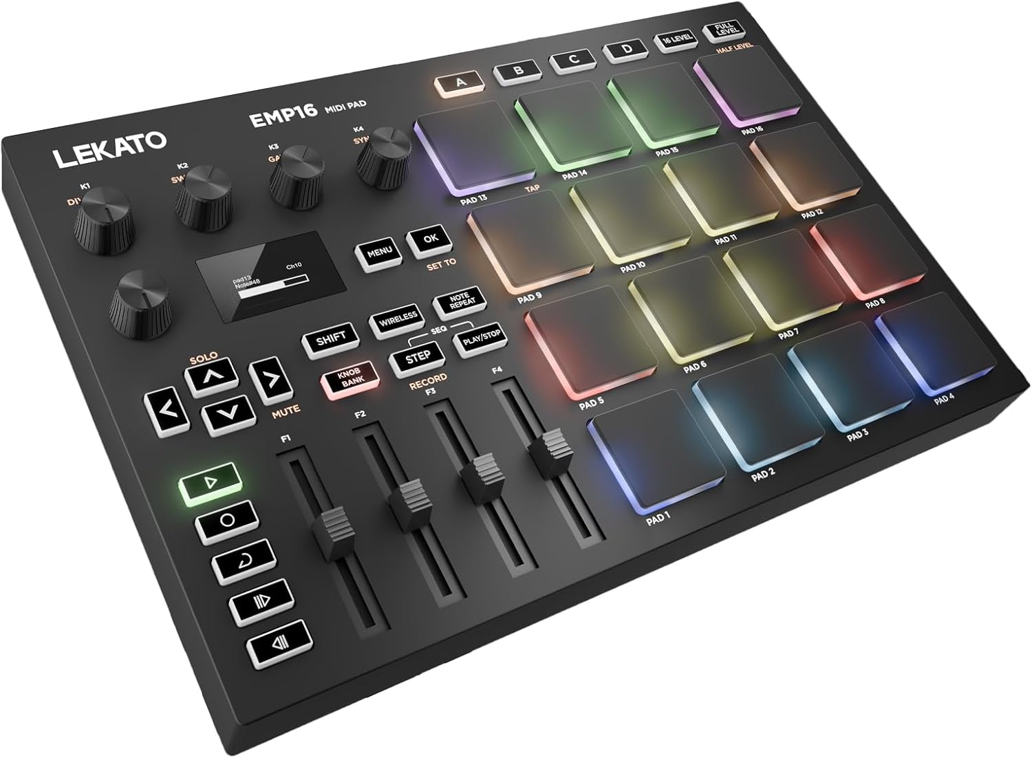 LEKATO MIDI Controller Pad Bluetooth Beat Maker Machine Drum Pad with 16 RGB Beat Pads and 4 Assignable Knobs and Faders, Plug & Play on iPad, iPhone, Mac, PC