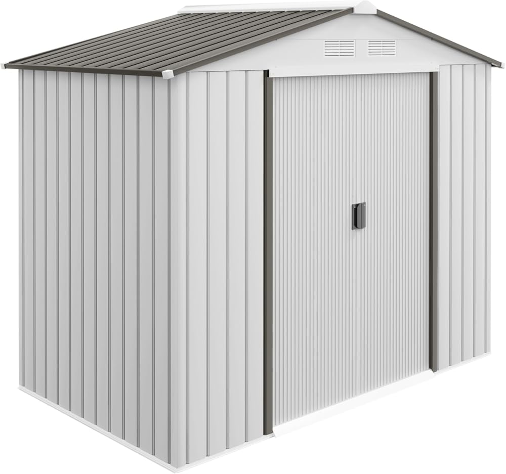 Garden Shed White Metal Storage Shed with Foundation Kit, 4 Vents, and 2 Sliding Doors for Backyard, Patio, Garage, Lawn