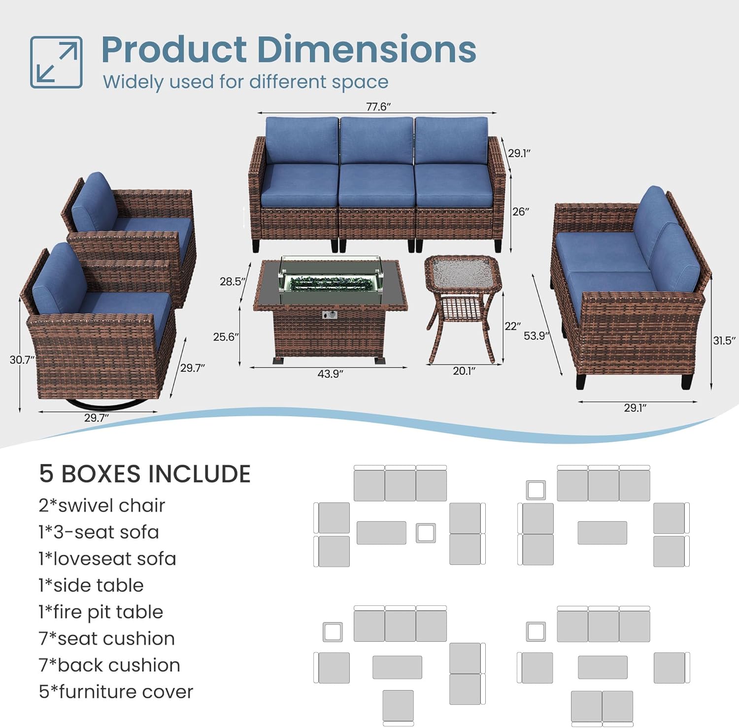 Amopatio Patio Furniture Set with Fire Pit Table, Outdoor Furniture Sectional Sofa with Swivel Chairs, Modern Conversation Sets for Balcony Backyard, Navy（Include Waterproof Covers ）