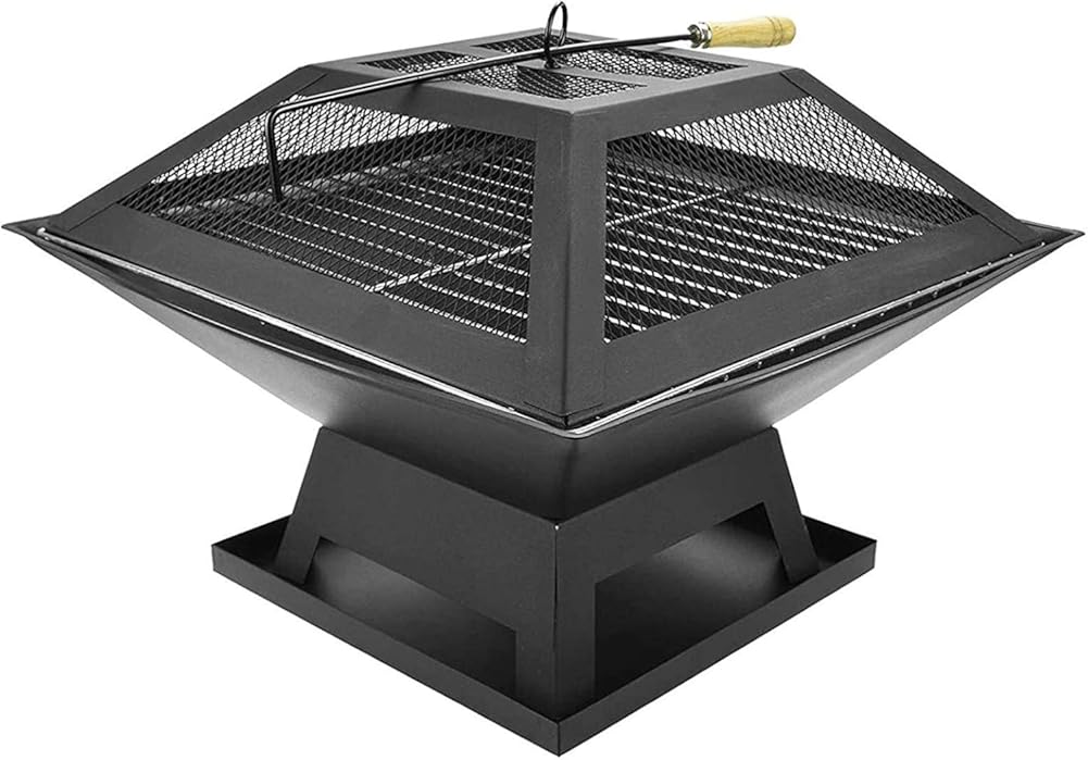 Barbecue Grill Square Outdoor Metal Firepit, with Spark Screen Log Poker and Cover Grill Table, for Backyard Patio Garden Stove Wood Burning Fire Pit