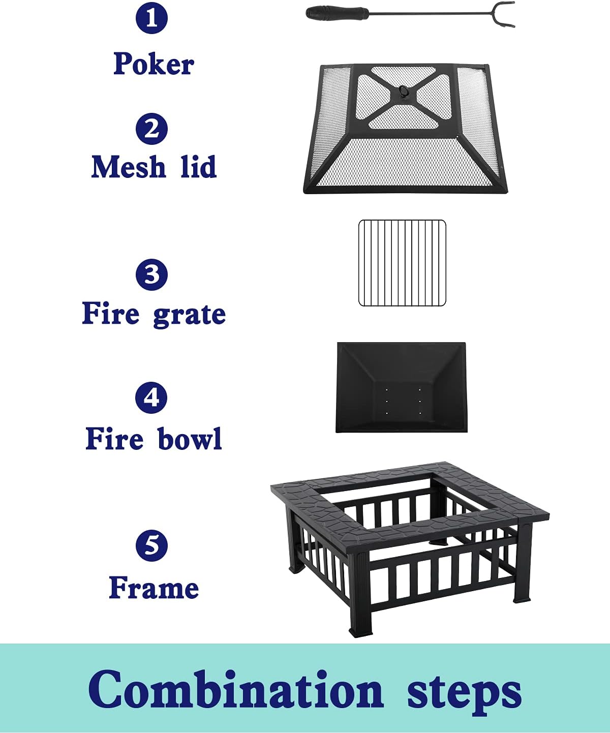 Outdoor Fire Pit 32 inch Square Metal Firepit for Patio Wood Burning Fireplace Garden Stove with Charcoal Rack Mesh Cover for Camping Picnic Bonfire Backyard Outdoor Heating