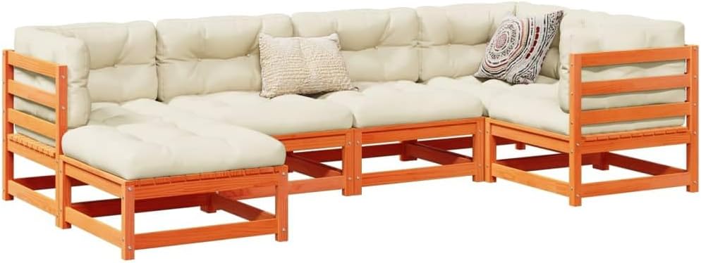 Garden Sofa Set, Wax Brown Solid Pine Wood, 6-Piece Modular Outdoor Patio Furniture for Balcony, Durable Seating for 6 People