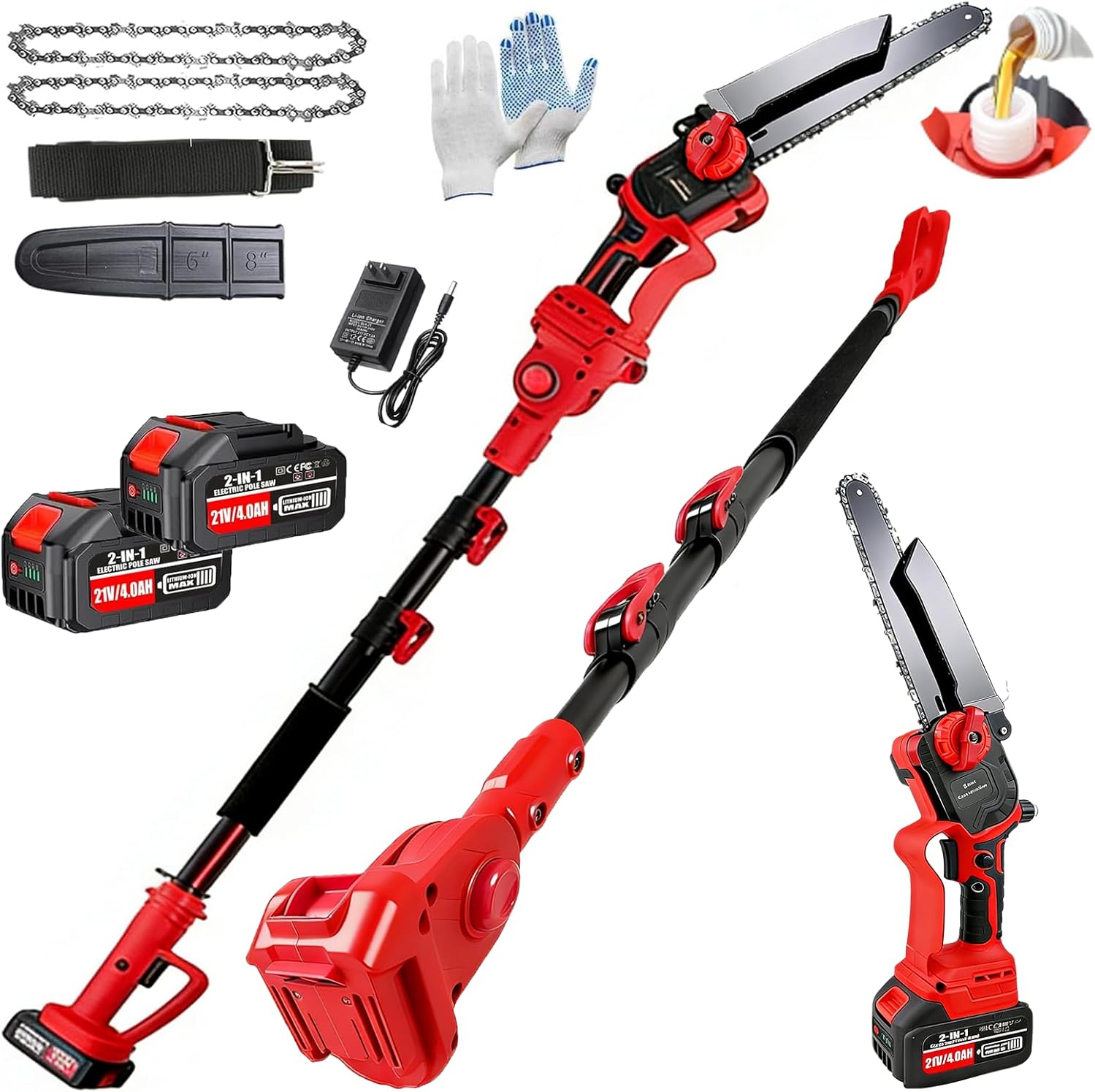 2-in-1 Cordless Pole Saw ＆ Electric Mini Chainsaw 8 Inch, with 2 X 4.0Ah Battery Powered Chain Saw, 16 FT Max Reach Pole Saw, Brushless Motor, Auto Oiling,Pole Chainsaw for Tree Trimming, Wood Cutting