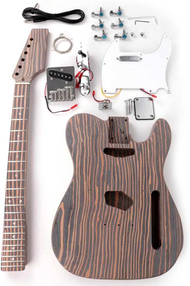 Fojill DIY Electric Guitar Kit Unfinished Zebrawood Body Neck Fingerboard Fretboard Build Your Own All Parts Included