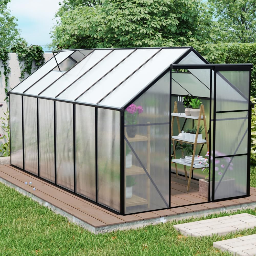 6 ft x 8 ft Aluminum Frame Greenhouse for Outdoor Garden Use with Sloped Roof and Sliding Door (Black 6*12FT)