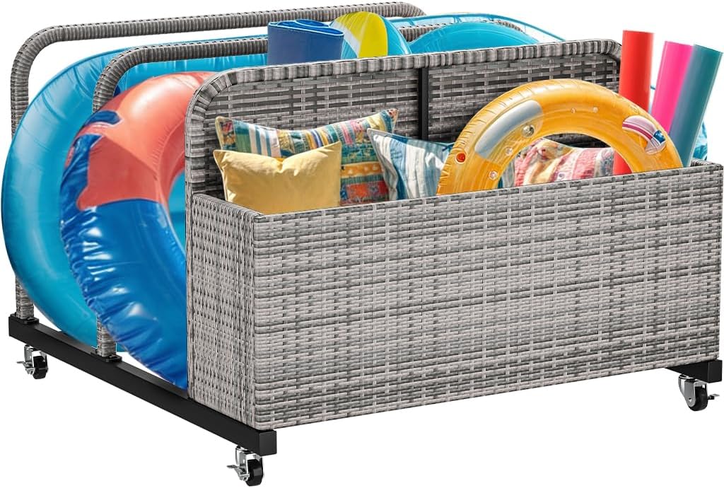 YITAHOME Outdoor Wicker Patio Poolside Float Storage, PE Rattan Rolling Pool Float Caddy for Cushions, Floaties, Noodles, Life Vests, Beach Balls, Patio Furniture (Grey)