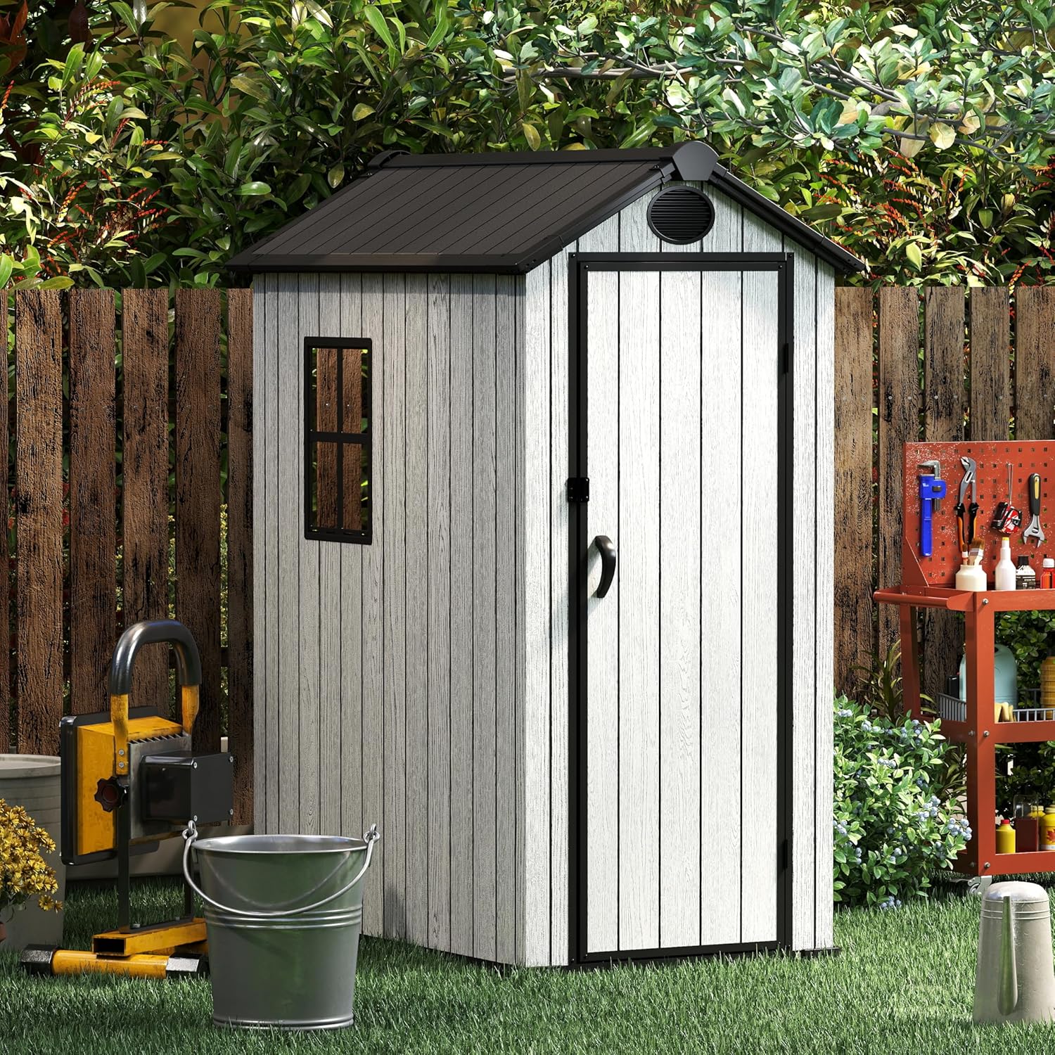 3 x 5 FT Shed Resin Outdoor Storage with Floor, Plastic Shed with Window and Lockable Door for Garden, Backyard, with Wood Texture, Grey