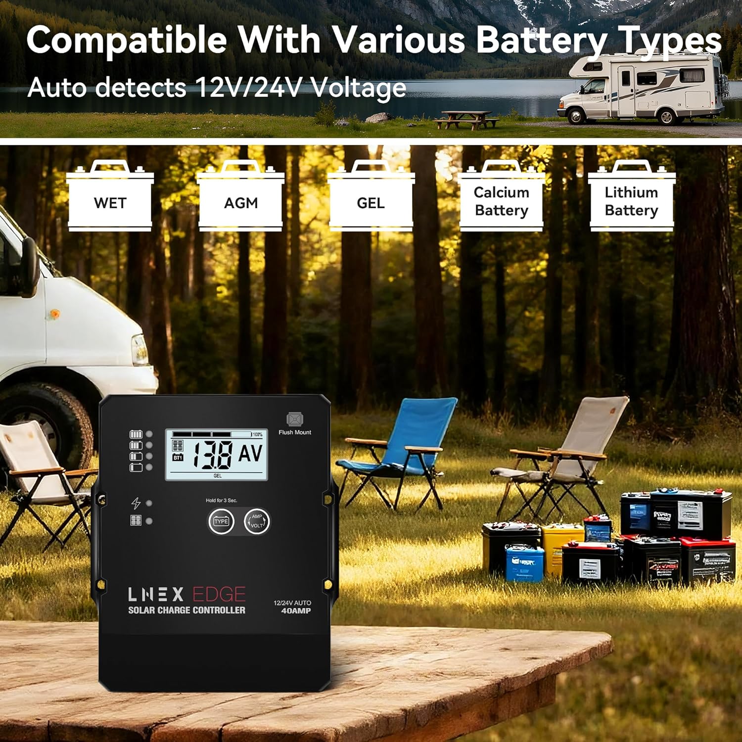 Solar Charge Controller with Flush Mount Design, 6 Stage Charging with LCD Display 12V/24V Auto PWM Controller 40A for LiFePO4, AGM, Gel, Flooded and Lithium Battery