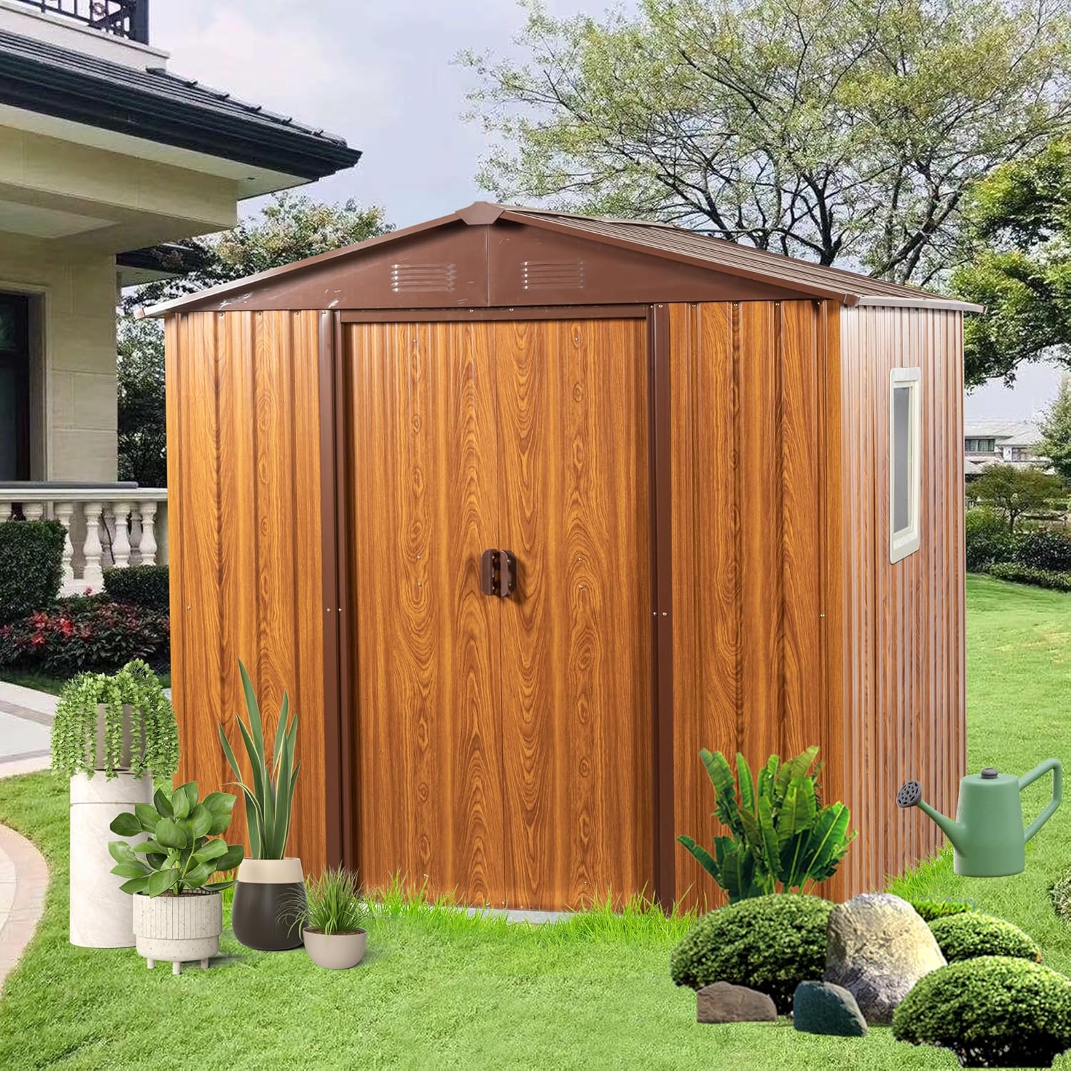 6x5 FT Outdoor Storage Shed Woodgrain Metal Garden Shed w/Air Vent & Sliding Door Waterproof Patio Tools Shed Storage House for Backyard Lawn, with Window