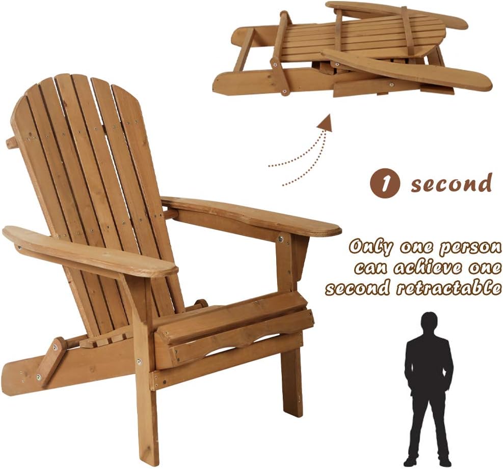 Adirondack Chair Patio Chairs Lawn Chair Folding Adirondack Chair Outdoor Chairs Patio Seating Fire Pit Chairs Wood Chairs for Adults Yard Garden w/Natural Finish