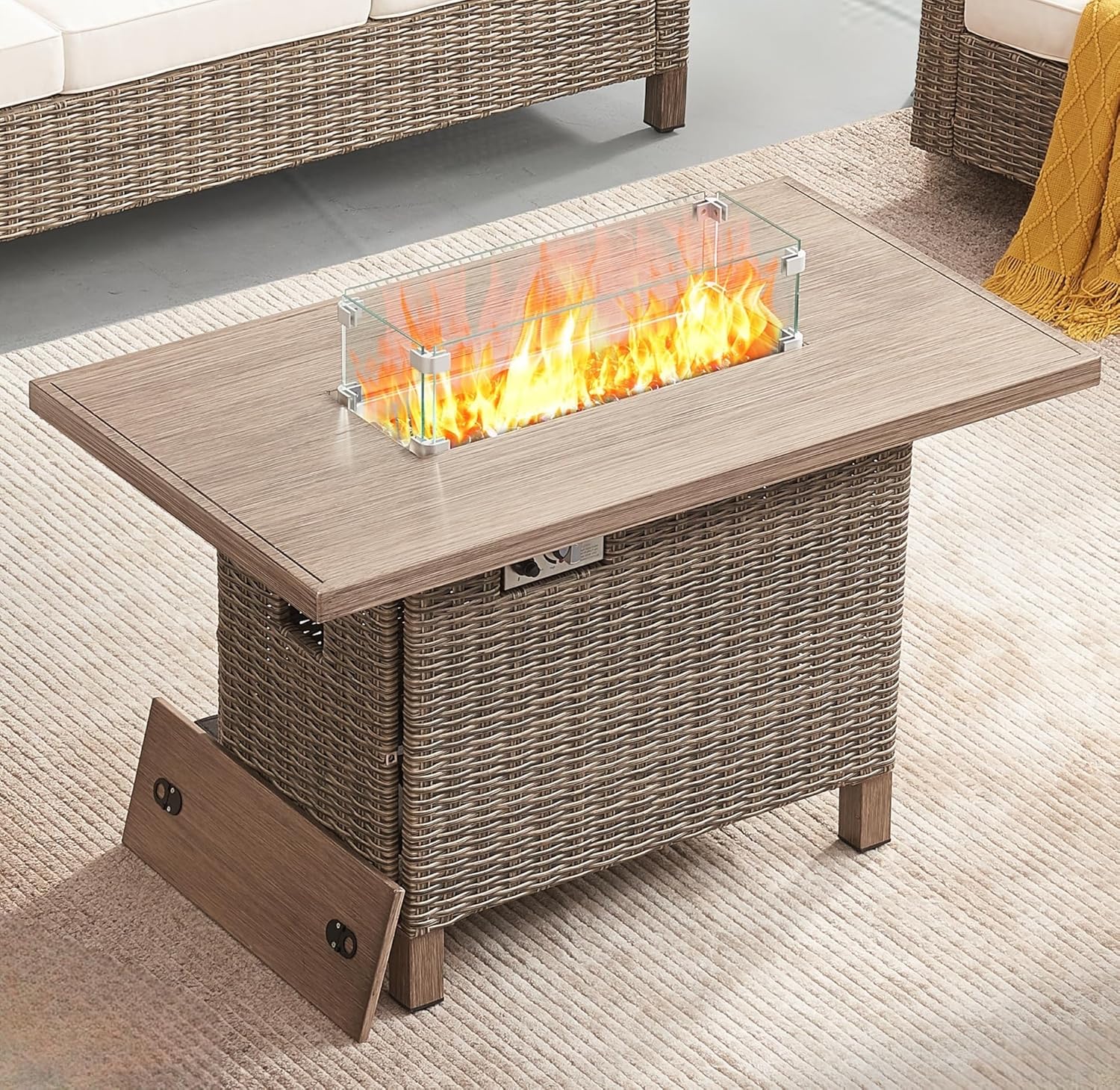 Fire Tables, Outdoor Fireplaces, 50,000 BTU Steel Gas Fire Pit Table with Lid, Glass Wind Guard and Blue Rock, Rectangle Rattan Coffee Table for Patio Deck Garden, CSA Certified