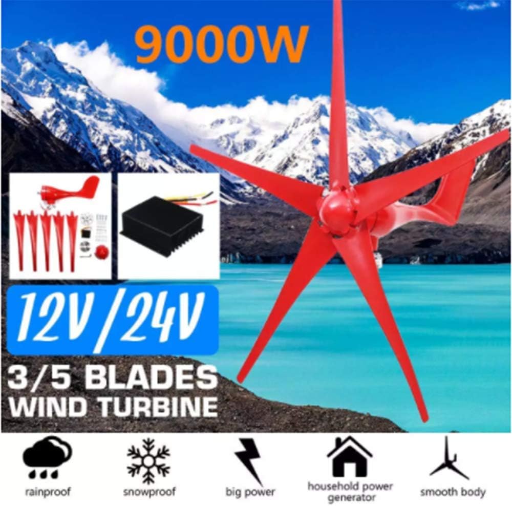New Red 9000W Wind Turbines Generator 5 Blades 12V/24V Horizontal Wind Generator with Controller for Home Camping Streetlight,12v,5 Blades