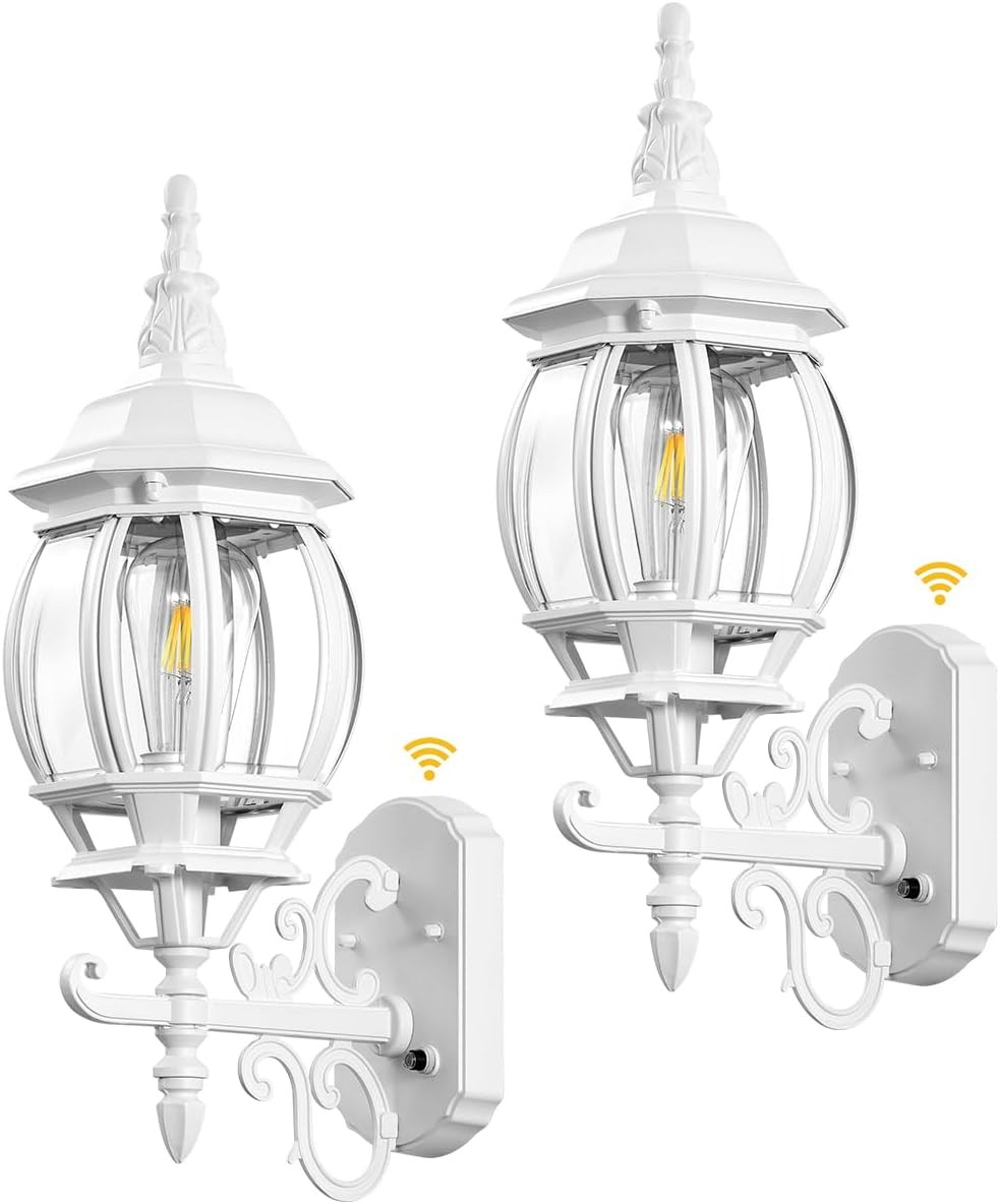 VIANIS 2 Pack Outdoor Sconce Lighting, White Exterior Wall Lights for House, Modern Dusk to Dawn Porch Lights Lantern Light Fixture, Anti-Rust Waterproof Garage Outside Lights for Patio Wall Mount