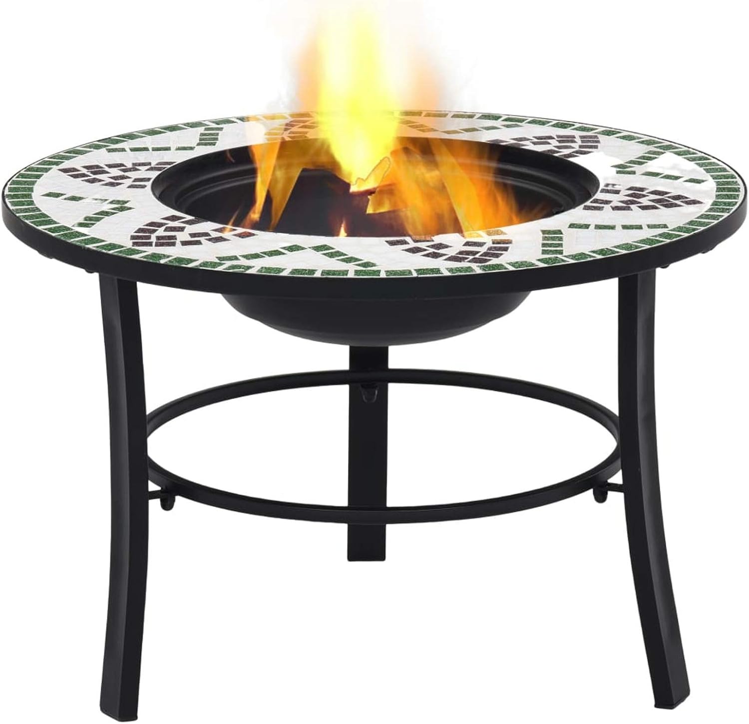 Mosaic Fire Pit, Green Ceramic 26.8 Inch Steel Fire Bowl with Tabletop and Grid, for Garden and Patio Warmth and BBQ