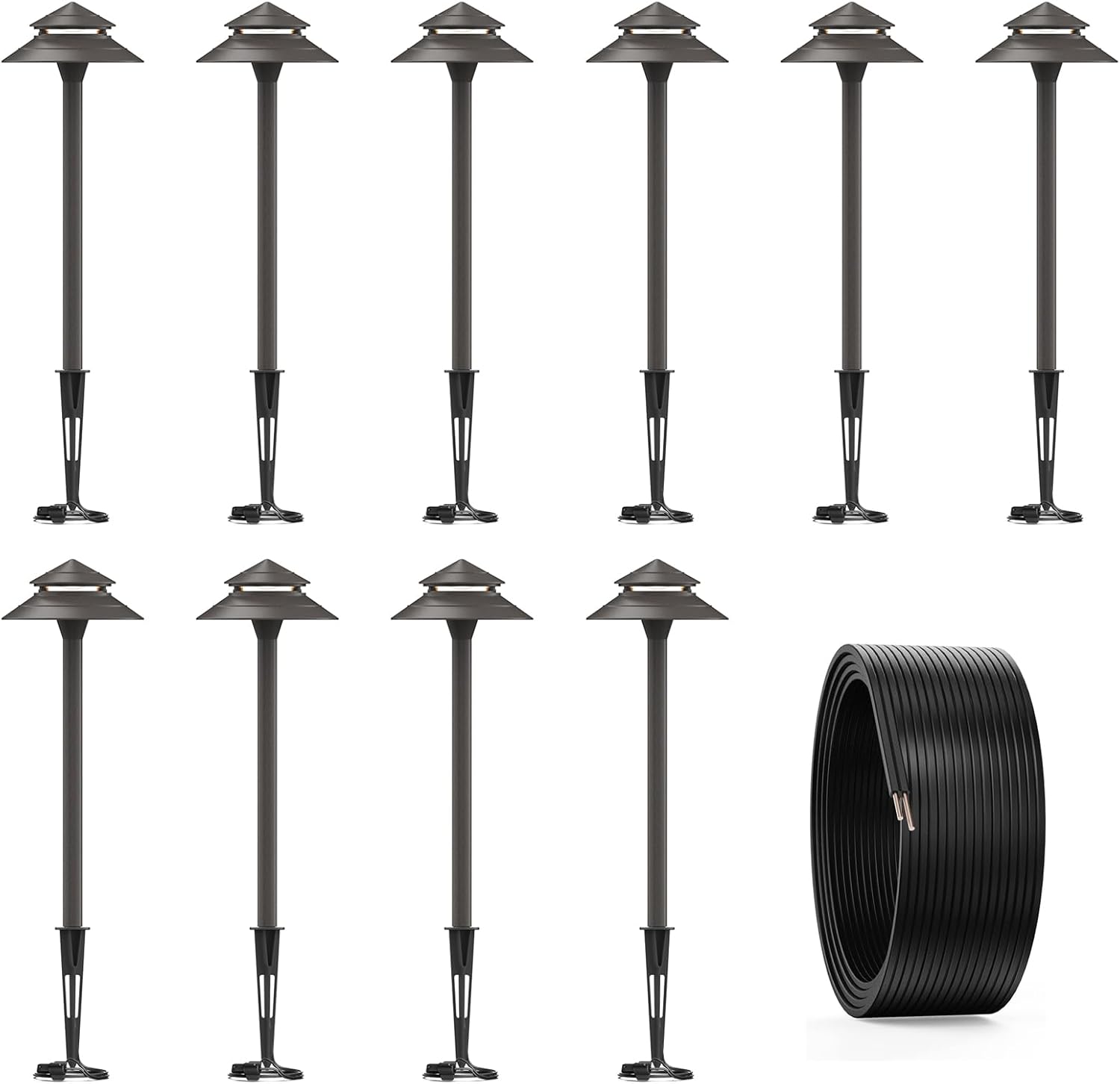 GOODSMANN Pathway Lights 3W LED 10PK Outdoor Low Voltage Landscape Lighting 180 Lumen 2 Tier Pagoda Path Lights with Wire 100ft 16AWG 2- Conductor Landscape Lighting Cable Direct Burial Wire