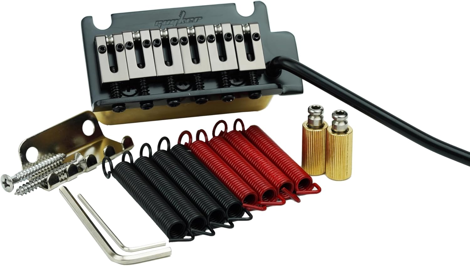 Guyker Guitar Tremolo Bridge with Brass Roller Saddle String Space 10.5mm & Brass Block & Spring and Claw, Pop-In Vibrato Bar, Complete Install Kit for Start ST Electric Guitar(GG-2001, Black)